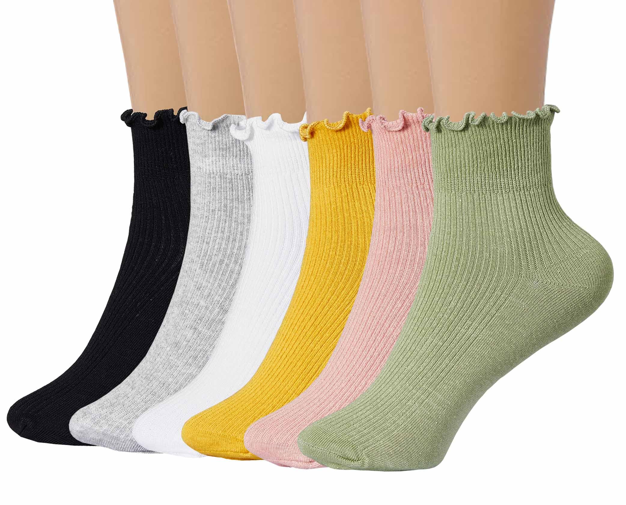 Women's Ruffle Ankle Socks 6 Pack - Soft Cotton Knit Cute Lettuce Trim Turn-Cuff Casual Socks for Everyday Wear, Outfits & Gifts
