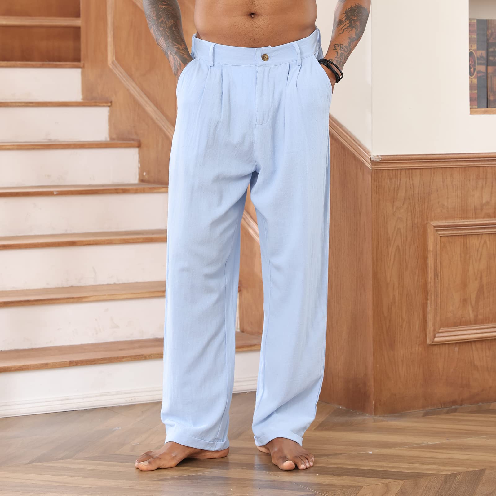 Men's Cotton Linen Pants with Elastic Drawstring Waist - Casual Loose Fit Yoga Beach Pants for Summer Travel, Lounge & Outdoor Activities