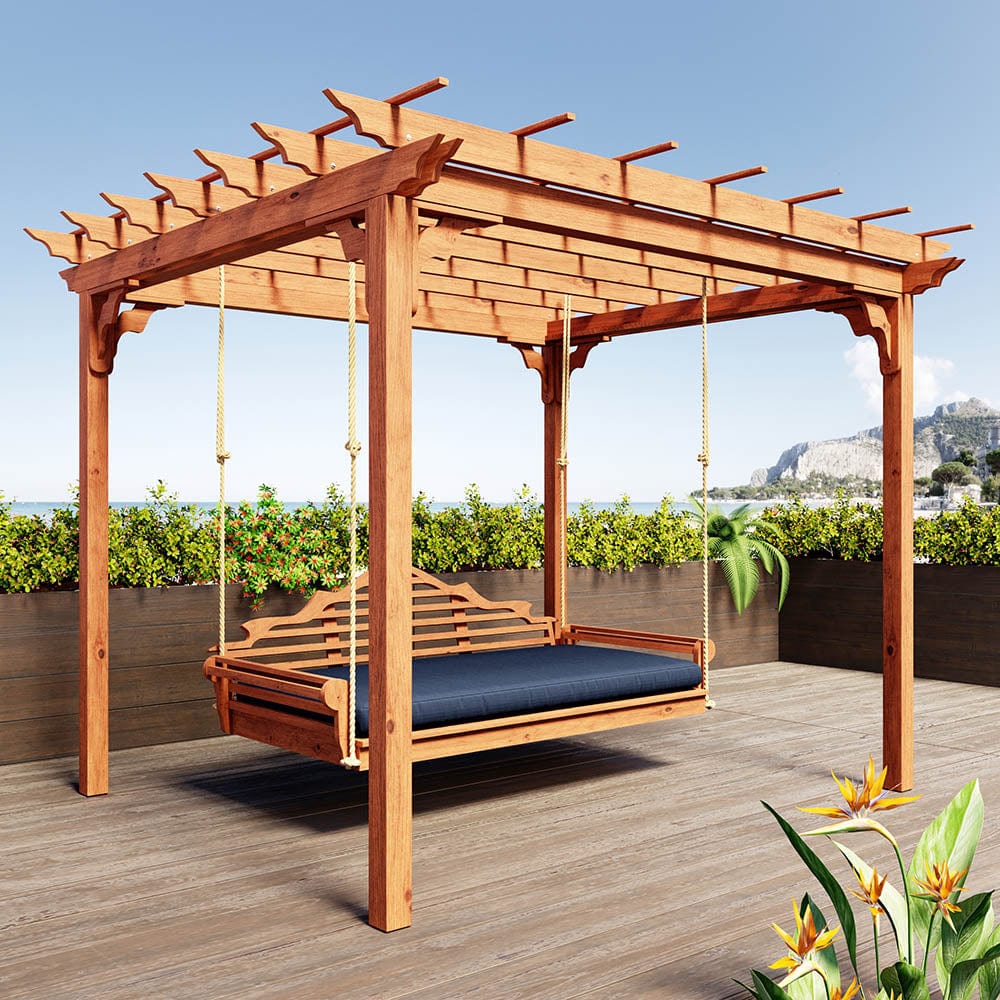 Keystone Amish Co. Milan Red Cedar Pergola Swing Bed Set - Outdoor Patio Furniture for Relaxing in Garden, Backyard, or Porch