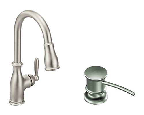 Moen Brantford 7185SRS Spot Resist Stainless Steel High Arc Pull-Down Kitchen Faucet with Reflex Technology & Soap Dispenser - Perfect for Modern Kitchens, Easy Cleaning & Hand Washing