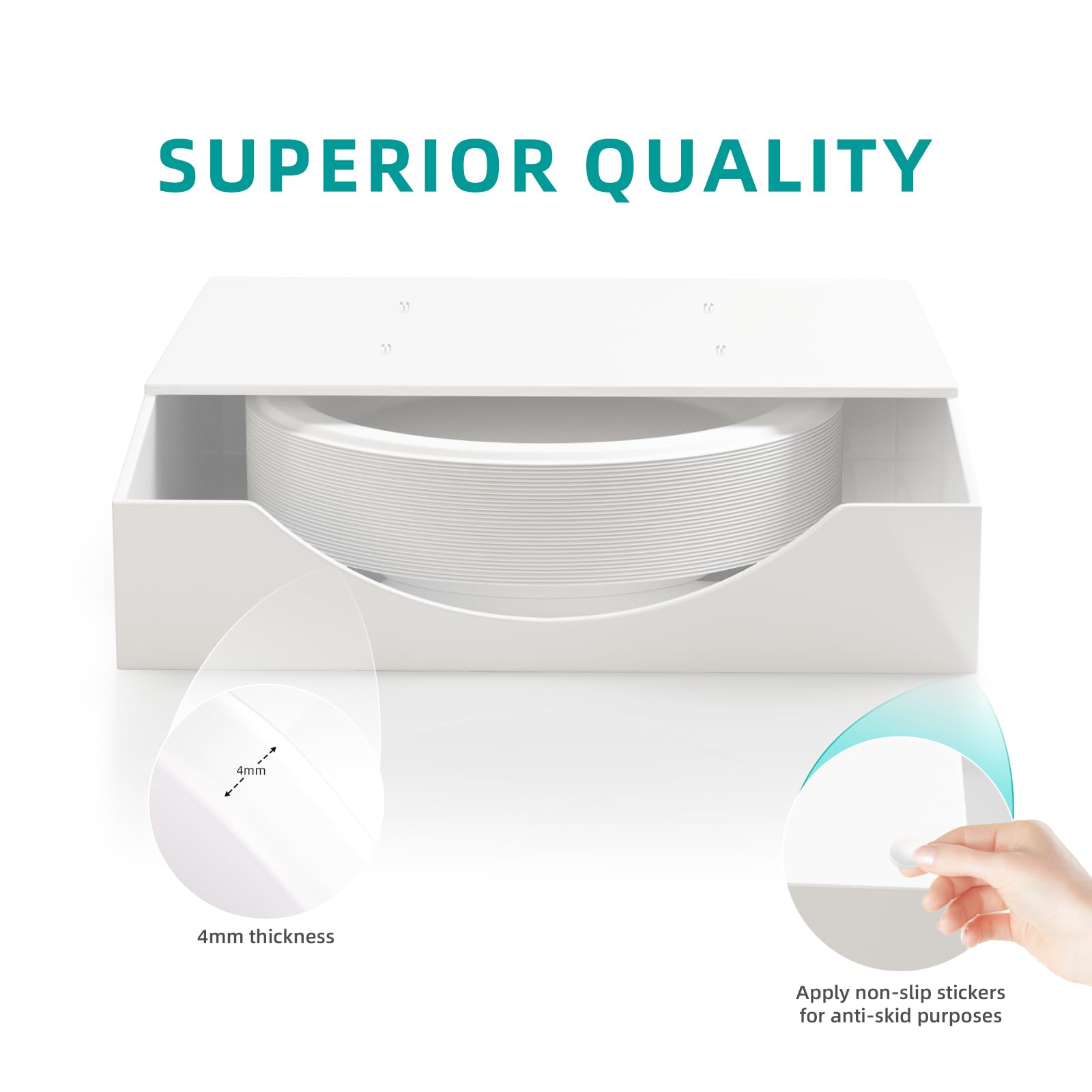 8/9/10 Inch Acrylic Paper Plate Dispenser - 4mm Thick Wall Mounted Plate Holder Organizer for Kitchen Cabinet & Countertop - Sturdy White Plate Storage for Indoor & Outdoor Dining, BBQs, Picnics & Parties
