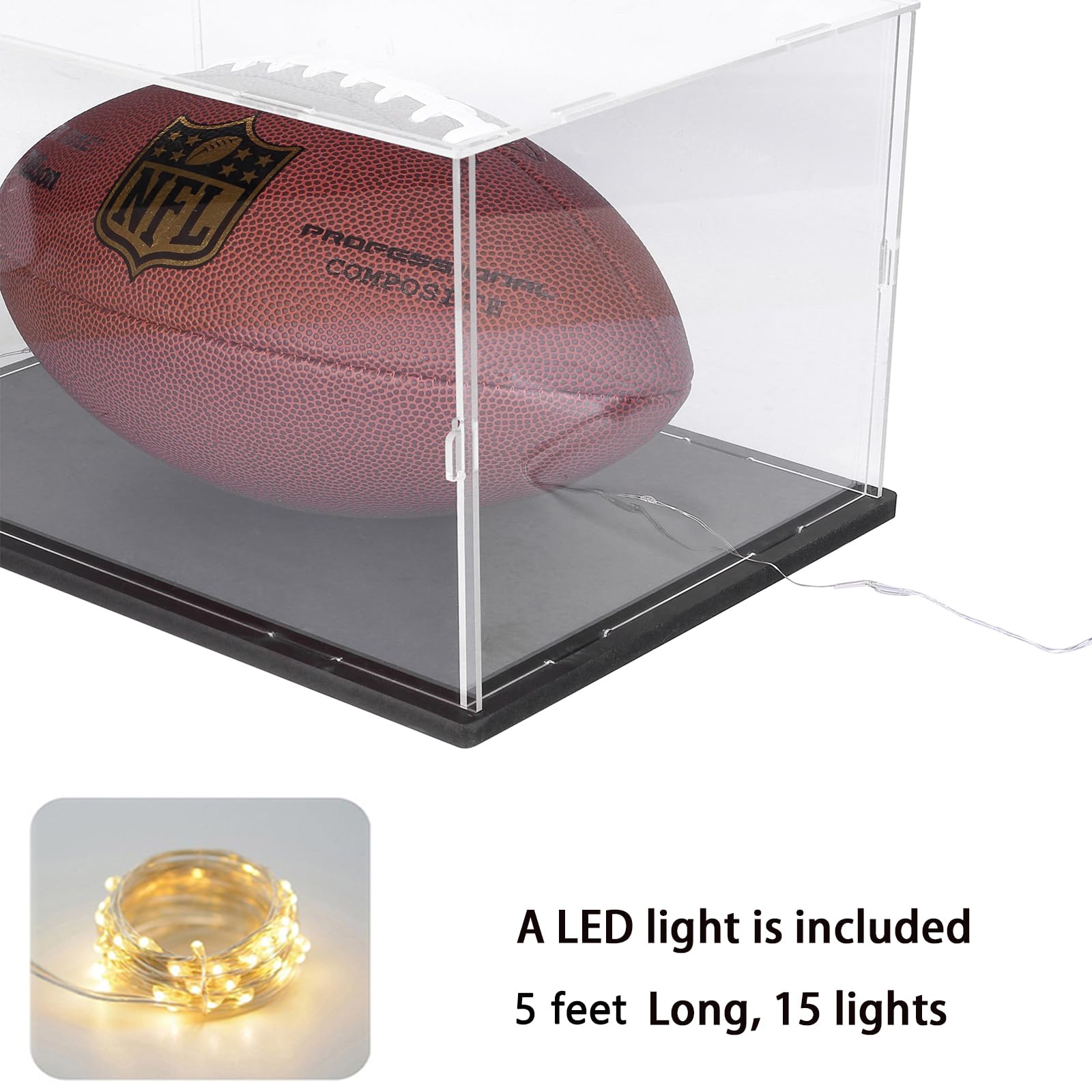 Premium Clear Acrylic Display Case for Lego Sets 42154, 10295, 42176, 42170, 75376, 10317 - Thickened Dustproof Protection Box with Wood-Plastic Base & LED String Lights (White Interior, 15.7x7.9x7.9 Inches) - Perfect for Showcasing Collectibles in Home, Office or Retail Displays