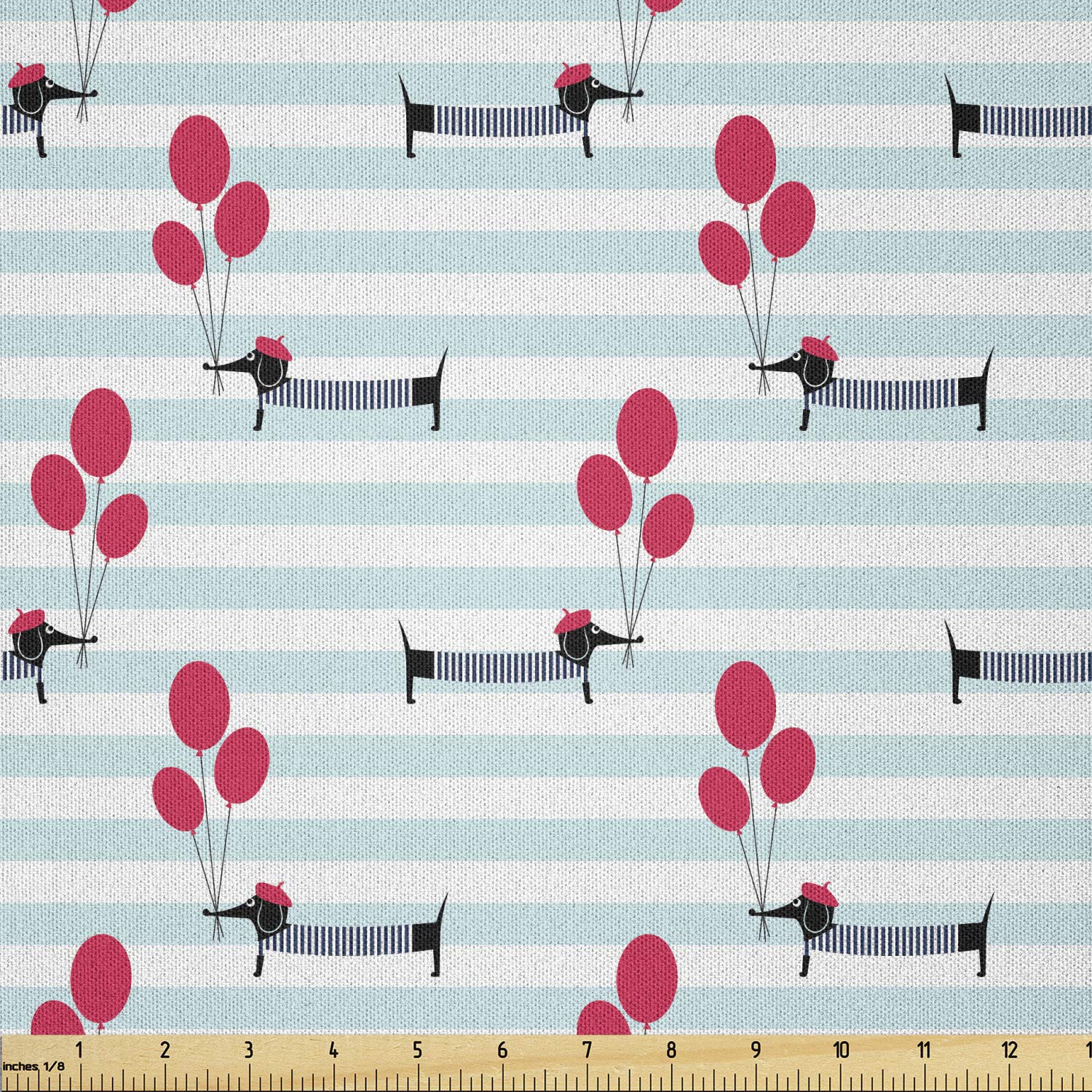 Ambesonne Dachshund Fabric by The Yard - Microfiber Arts & Crafts Textile with Beret-Wearing Dog Balloon Design on Striped Background, 5 Yards Vermilion Blue - Perfect for DIY Decor, Quilting, Sewing Projects & Home Decoration