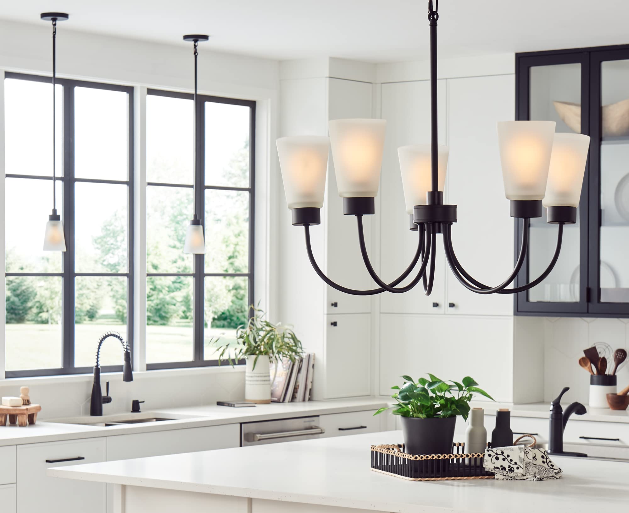 Kichler Erma 5-Light Black Chandelier with Satin Etched Glass - Traditional Ceiling Light Fixture for Living Room, Dining Room, Bedroom or Entryway (24