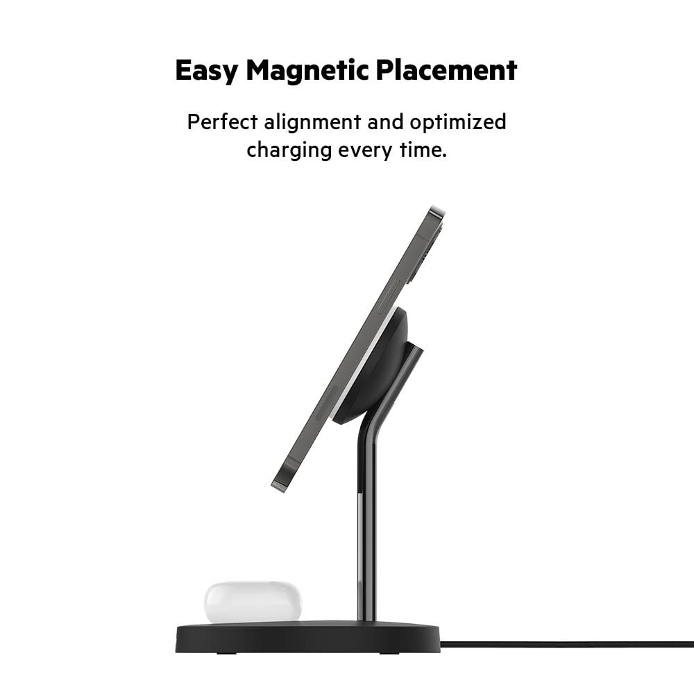 Belkin MagSafe 2-in-1 Fast Wireless Charging Stand for iPhone 16/15/14/13 & AirPods - MFi Certified Magnetic Charging Station for Multiple Apple Devices - Black - Perfect for Home, Office & Travel Charging