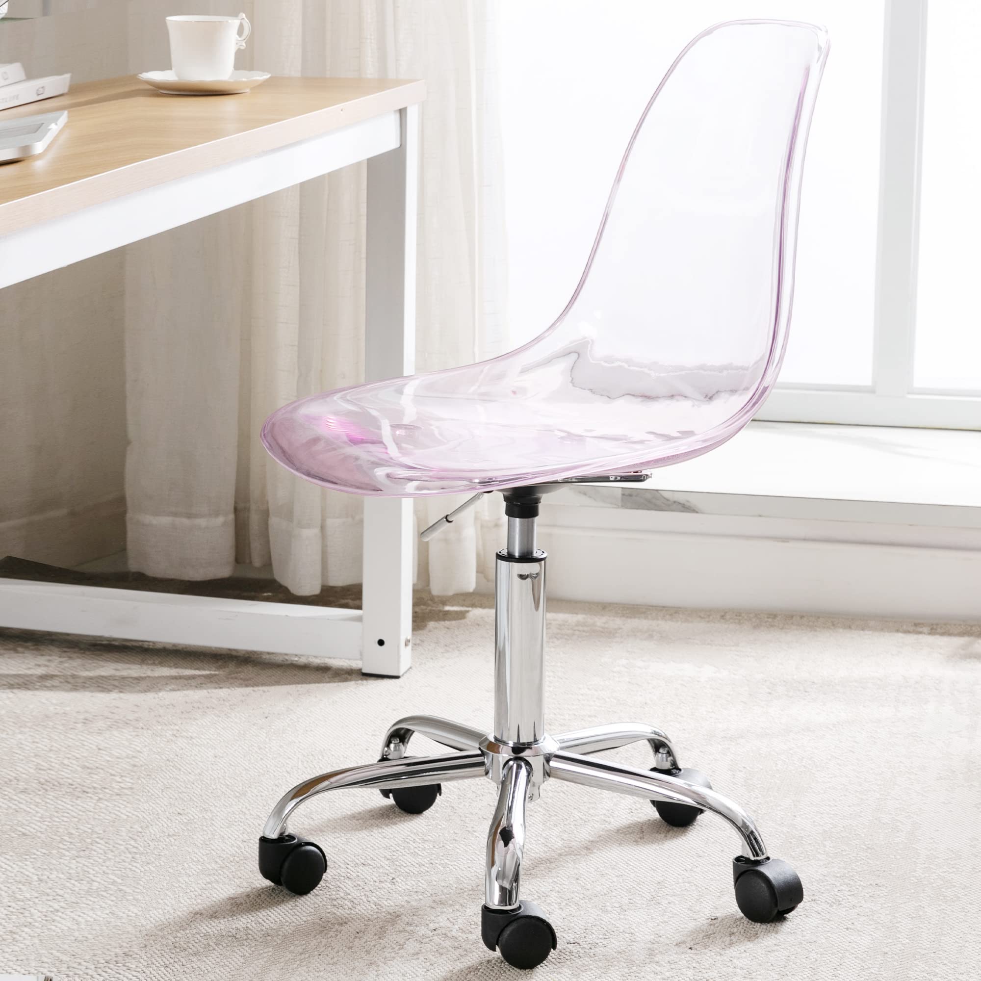 HOMEFUN Clear Acrylic Rolling Armless Swivel Chair - Height Adjustable Ghost Molded Plastic Office Chair with Wheels, Pink - Perfect for Home Office, Vanity Desk, and Modern Workspace Decor