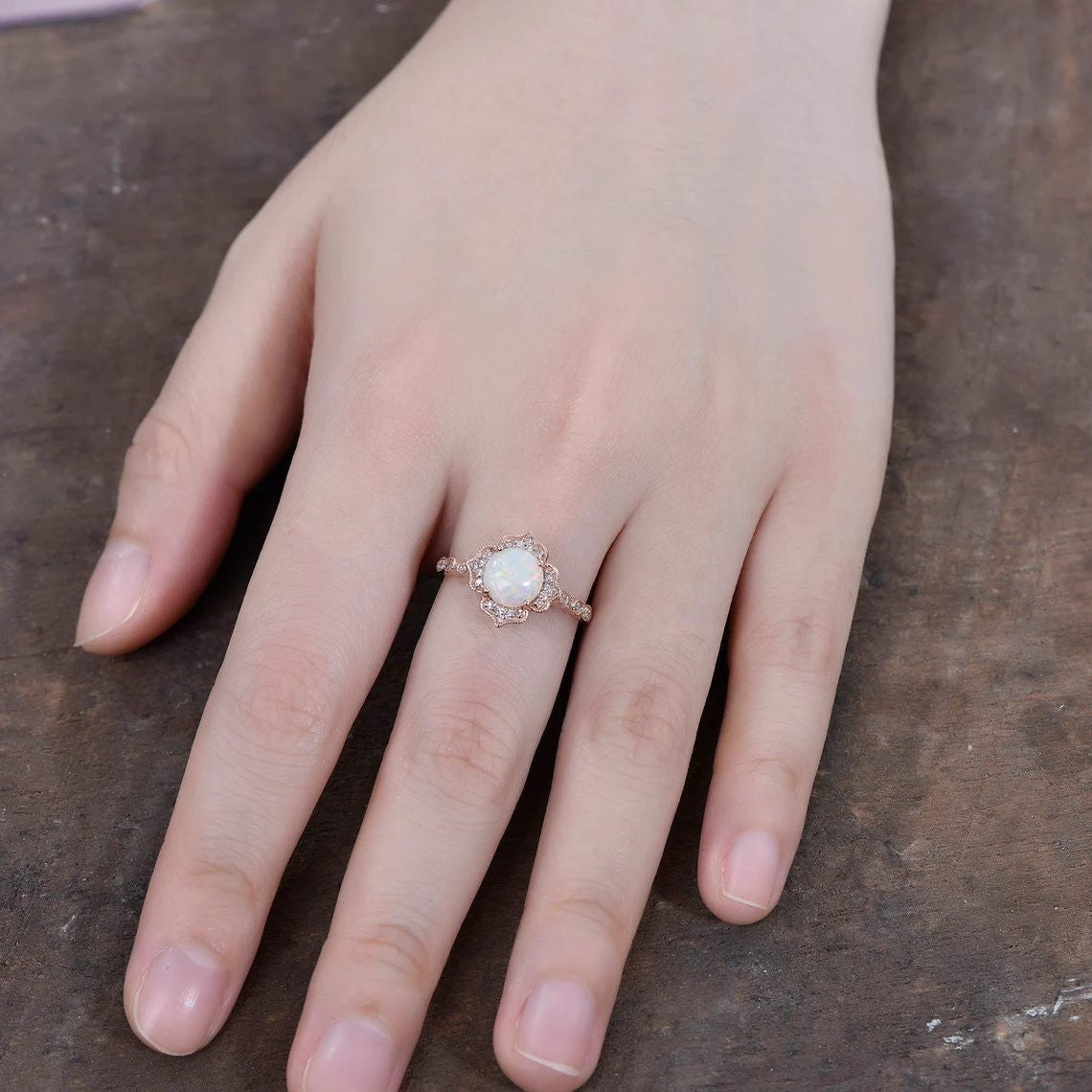 Vintage 1.2CT White Fire Opal Engagement Ring with Diamond Halo in Rose Gold - Perfect for Proposals, Anniversaries & Special Occasions