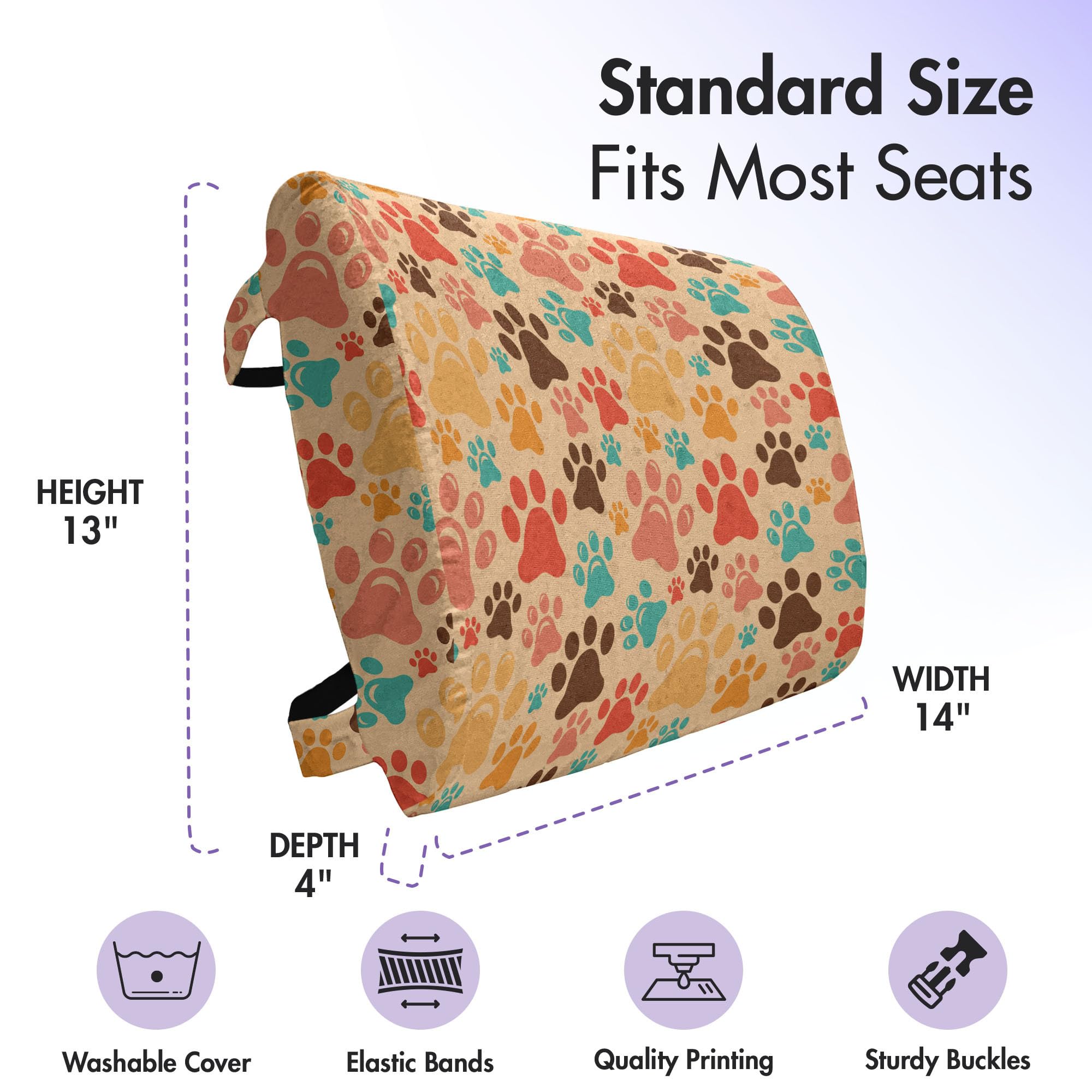 Ambesonne Dog Lover Lumbar Support Pillow - Colorful Paw Print Design, High Density Foam for Office & Car - 14x13 Inch Coffee Brown - Perfect for Back Pain Relief in Chairs, Sofas and Travel