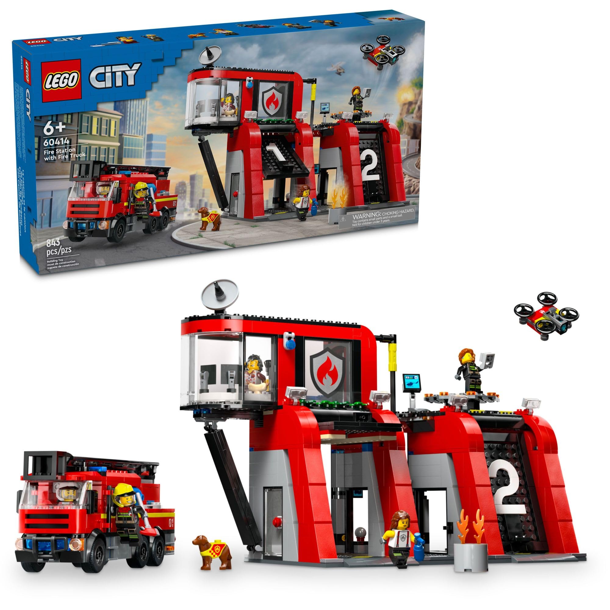 LEGO City Fire Station Building Set with Fire Truck & 2 Attachments - 60414 Toy for Kids Ages 6+ - 5 Minifigures for Pretend Play - Perfect Gift for Boys & Girls - Creative Play for Firefighter Role-Playing & STEM Learning