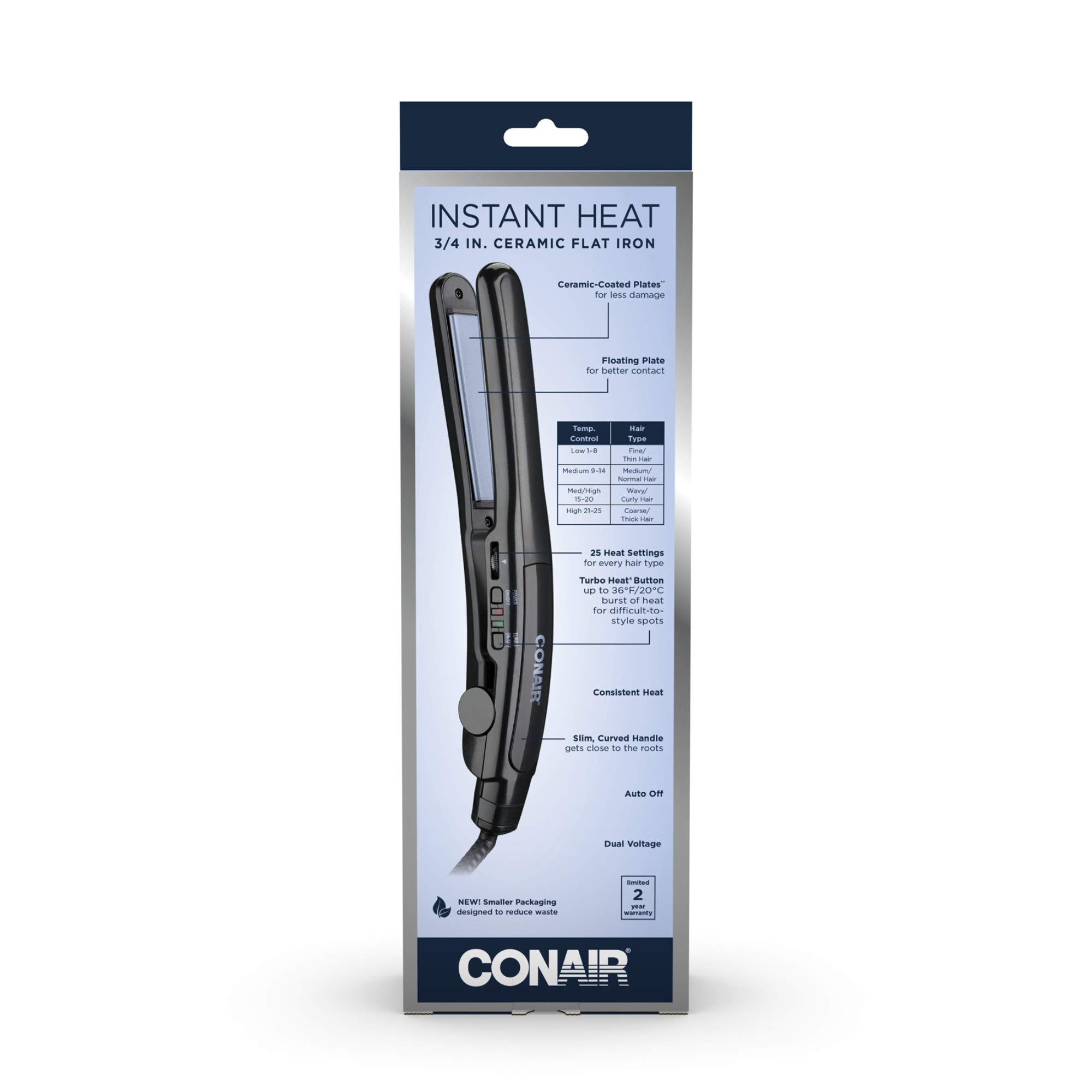 Conair Instant Heat Ceramic Hair Straightener 3/4 Inch - Fast Heating Flat Iron for Smooth & Shiny Hair - Perfect for Home, Travel & Salon Use