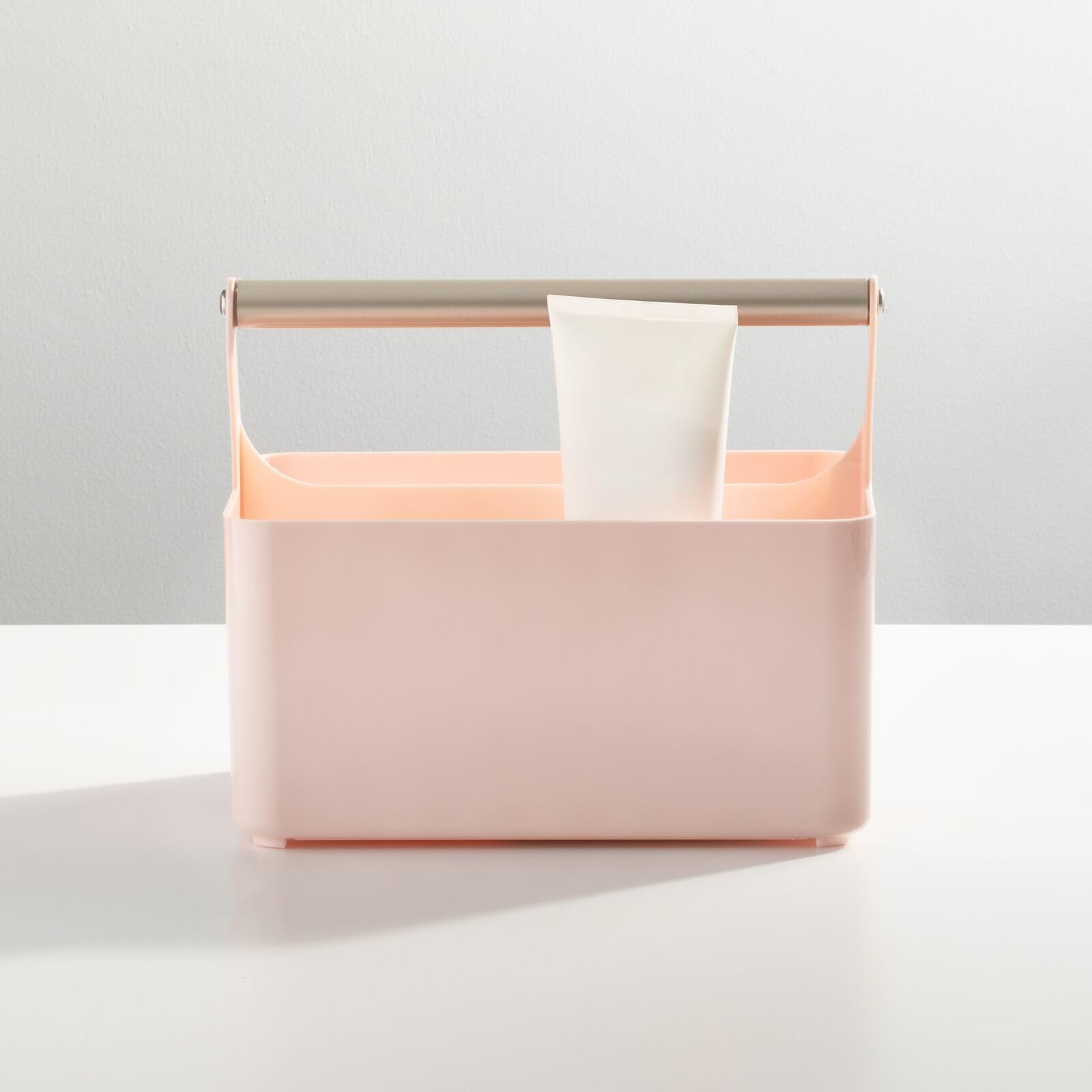 mDesign Plastic Shower Caddy Organizer with Metal Handle - Bathroom Storage Basket for Soap, Shampoo & Conditioner - Aura Collection in Light Pink/Satin - Perfect for Bathroom, Dorm & Kitchen Organization