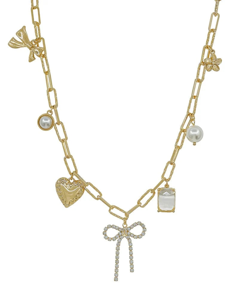 Elegant Gold Ribbon Multi-Charm Short Necklace for Women - Perfect for Parties, Weddings & Everyday Wear