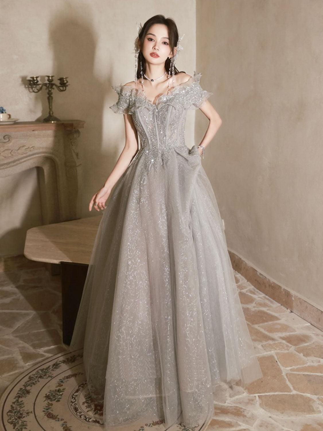 Elegant A-Line Off Shoulder Tulle Sequin Gray Long Prom Dress - Formal Evening Gown for Homecoming, Quinceañera & Special Occasions