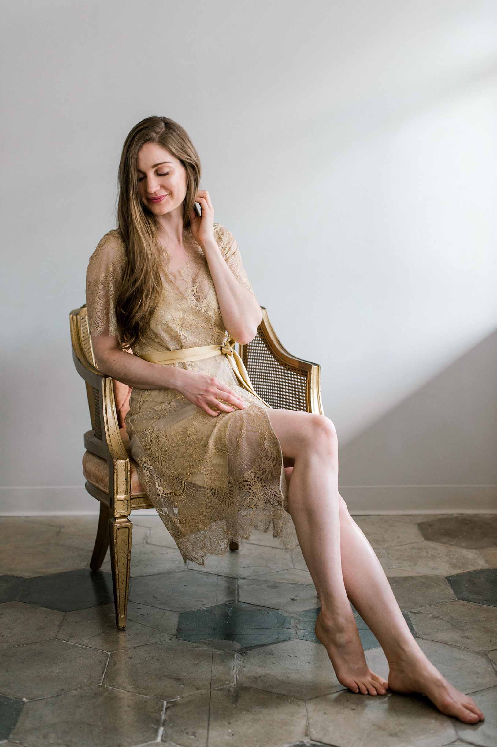 Gold Harlow Midi Lace Robe with Flutter Sleeves - Elegant Loungewear for Bridal Shower, Honeymoon & Special Occasions