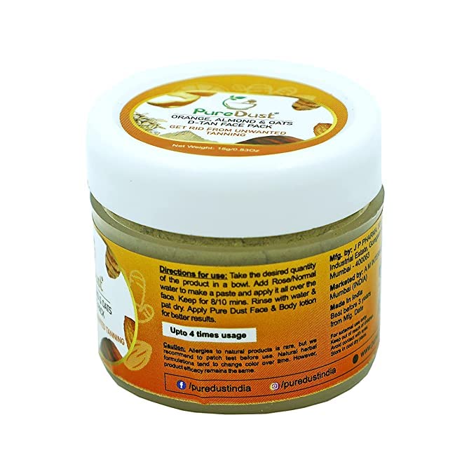 PureDust Orange, Almond & Oats D-Tan Face Pack - 15g | Brightening & Exfoliating Facial Mask for Glowing Skin | Perfect for Acne-Prone & Dull Skin Care Routine