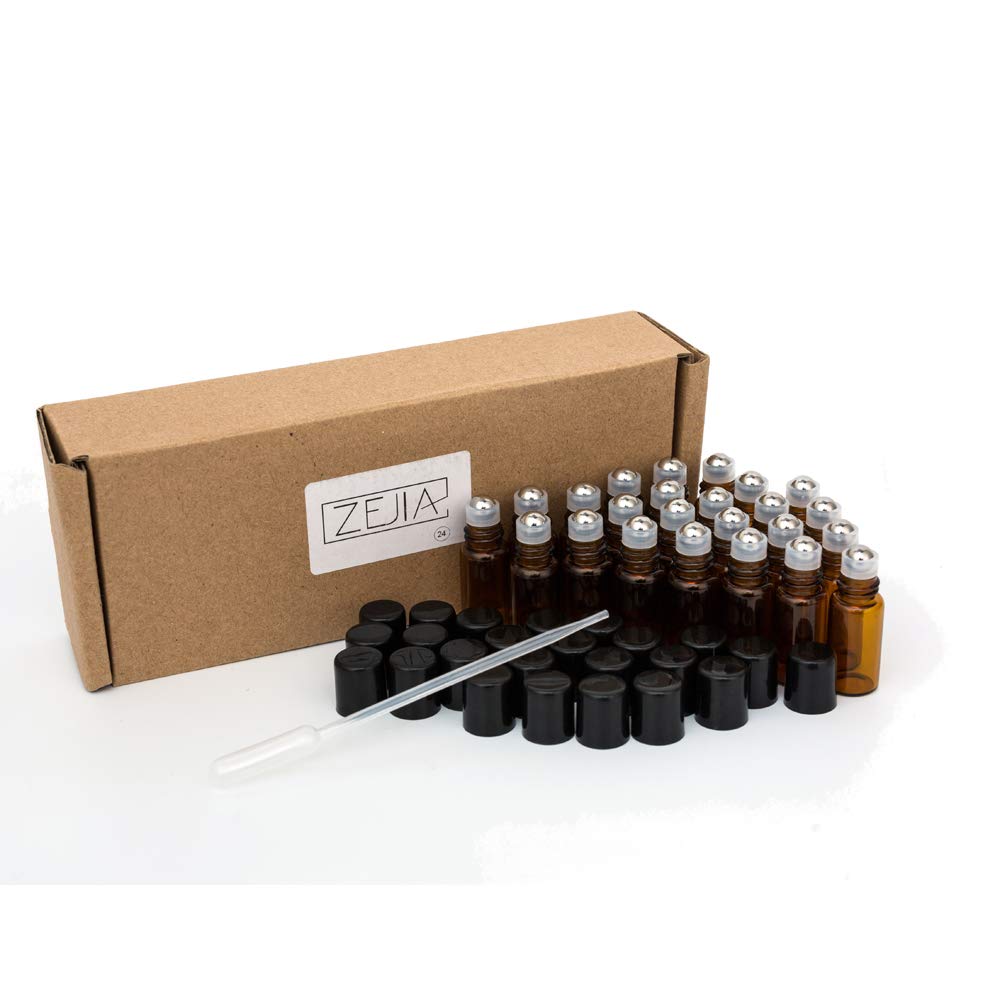 **ZEJIA 24-Pack 3ml Amber Glass Roller Bottles with Stainless Steel Roller Balls & 2 Droppers – Essential Oil, Aromatherapy, DIY Skincare & Perfume Refillable Containers**