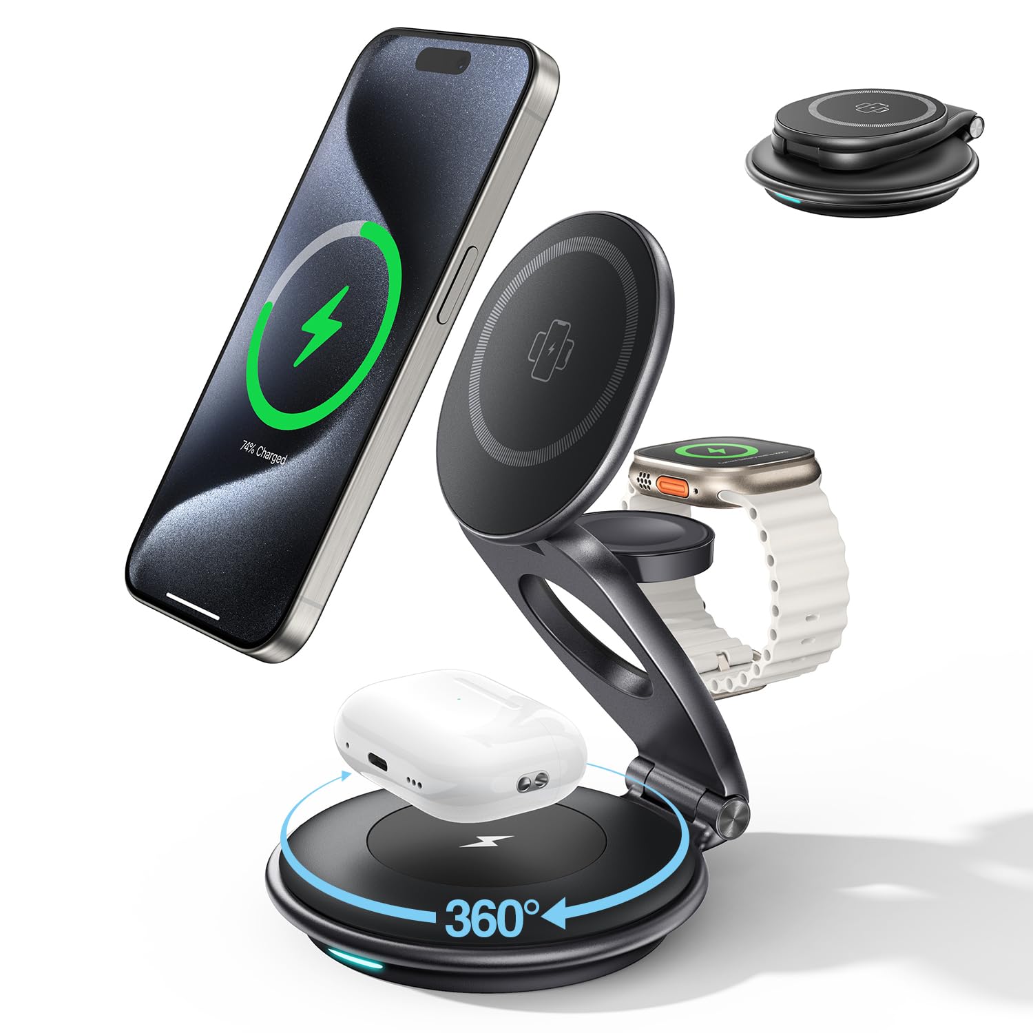 EXW Travel Magnetic Wireless Charging Station for iPhone 16/15/14/13/12 Series, Apple Watch & AirPods - 30W Fast Charger Included | Portable Foldable Magsafe Charger for Multiple Apple Devices | Perfect for Travel, Office & Home Use