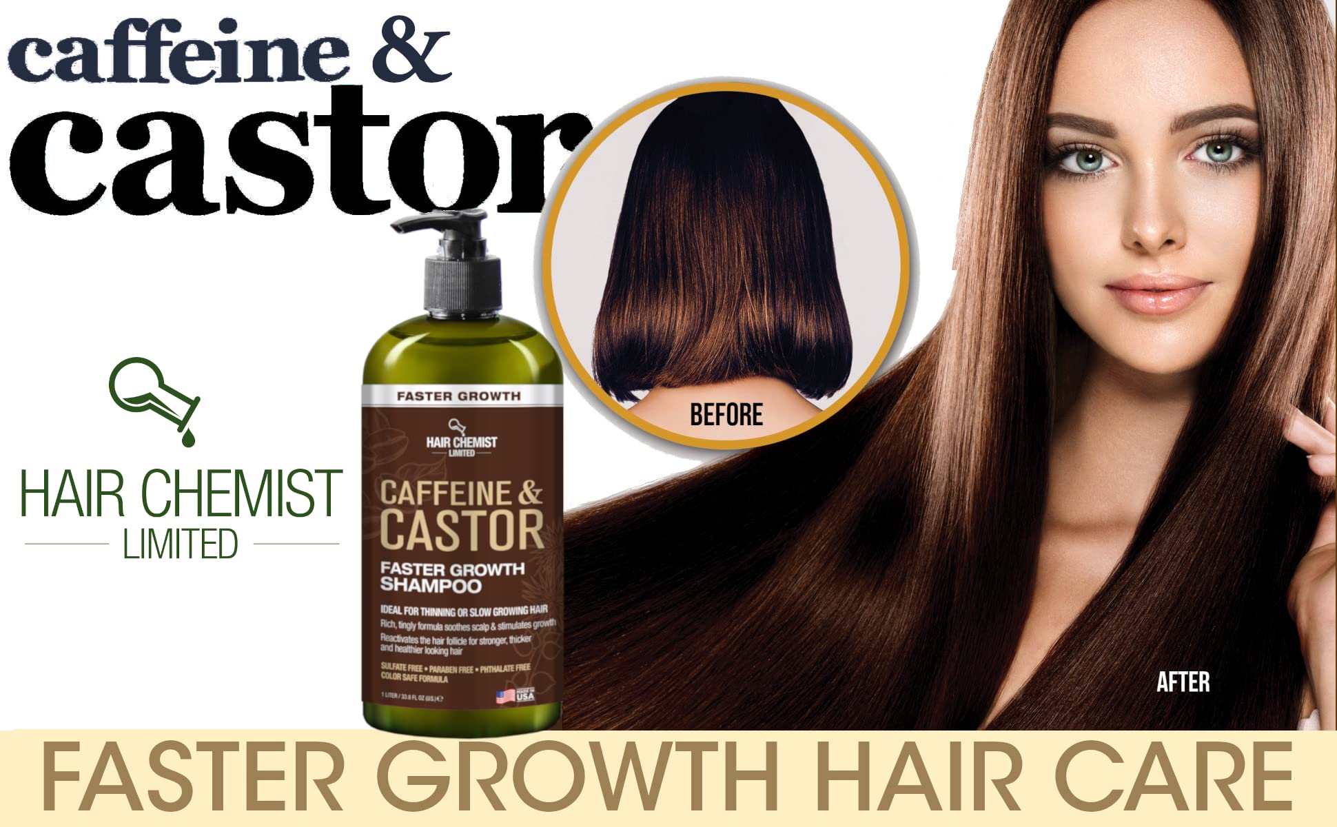 Hair Chemist Caffeine & Castor Oil Shampoo for Faster Hair Growth - 33.8 oz Sulfate-Free Formula | Thickening & Volumizing Shampoo for Men & Women | Daily Use for Healthy Hair Regrowth & Scalp Care