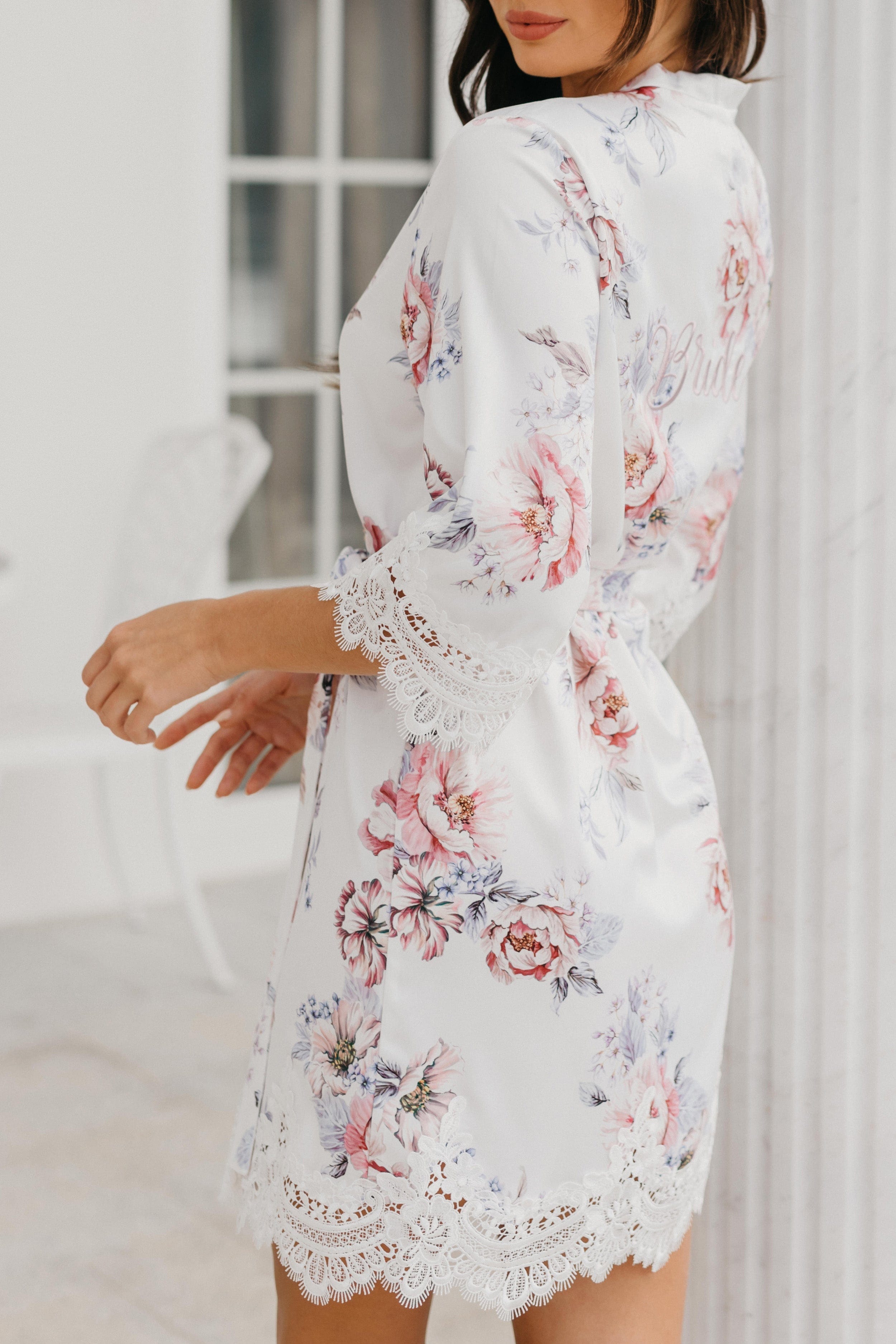 Serena Veiled Rose Printed Lace Trim Satin Robe - Elegant Bridal Lingerie & Boudoir Dress for Wedding Night, Honeymoon & Romantic Occasions
