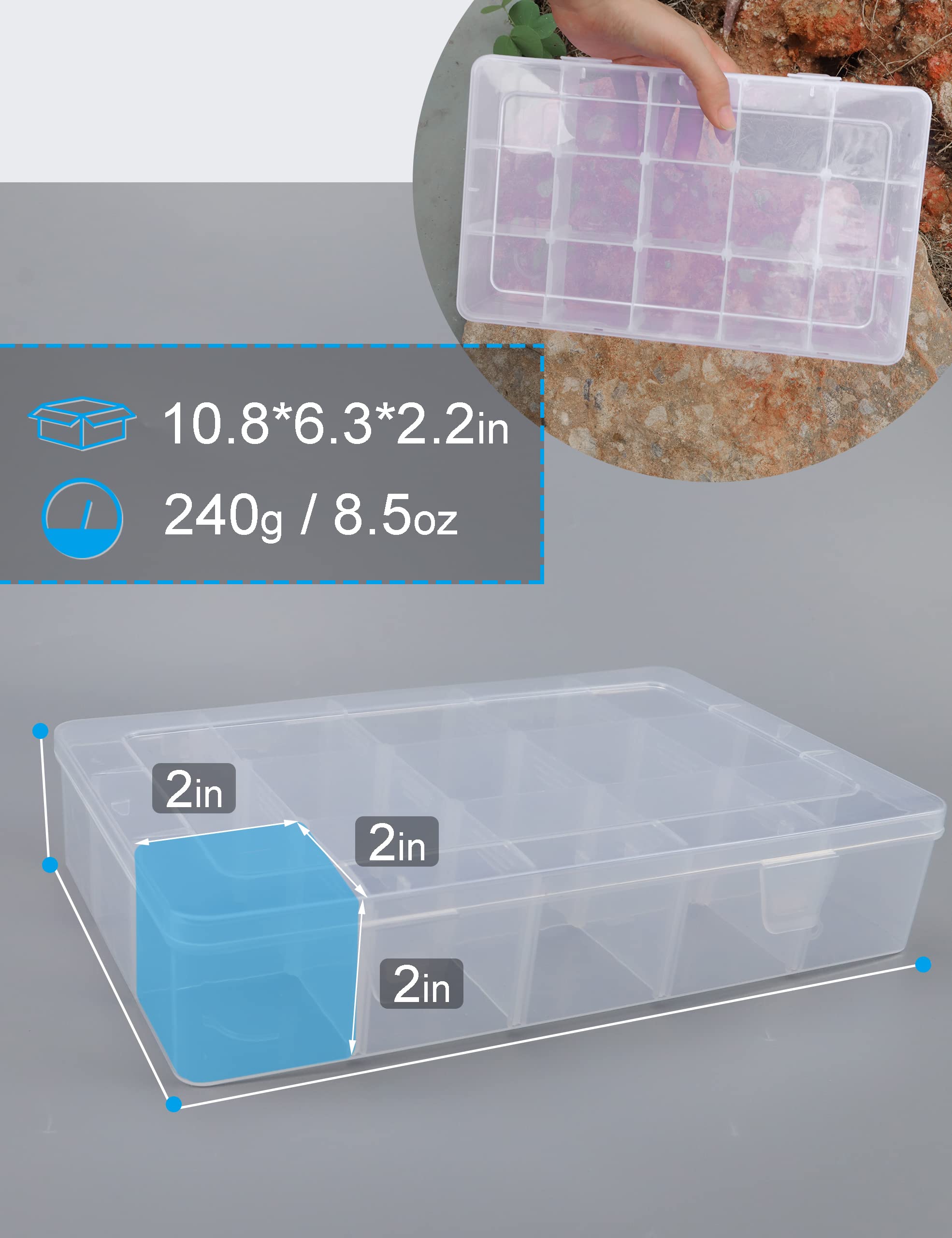 Clear Plastic Organizer Box with 15 Large Dividers - Bead Storage, Tackle Box & Snack Container for Crafts, Fishing & Kitchen Organization