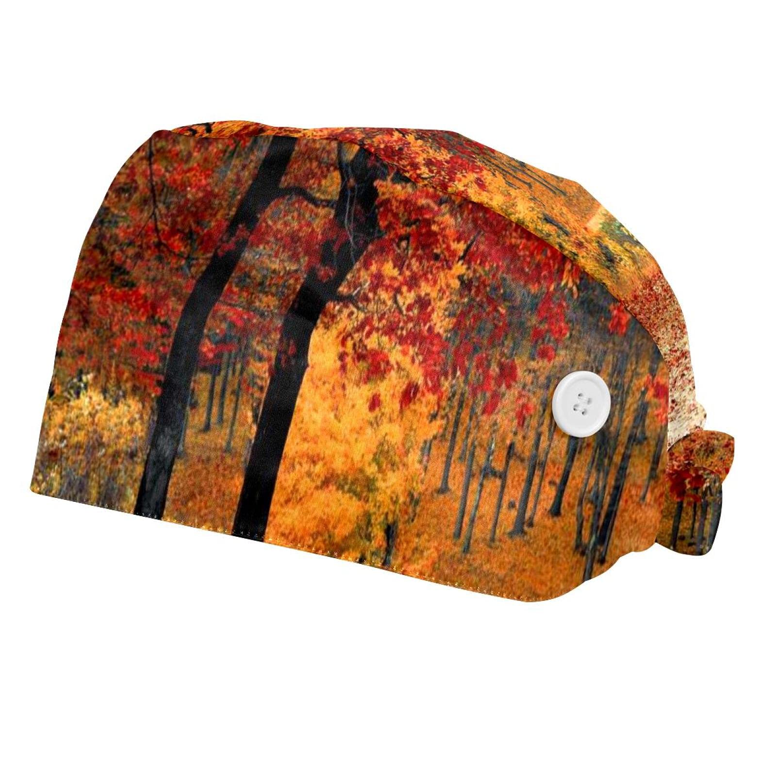 2 Pack Adjustable Unisex Bouffant Hats with Sweatband & Buttons - Aloha Tiki Pattern Tie-Back Working Hats for Nurses, Chefs & Food Service Professionals