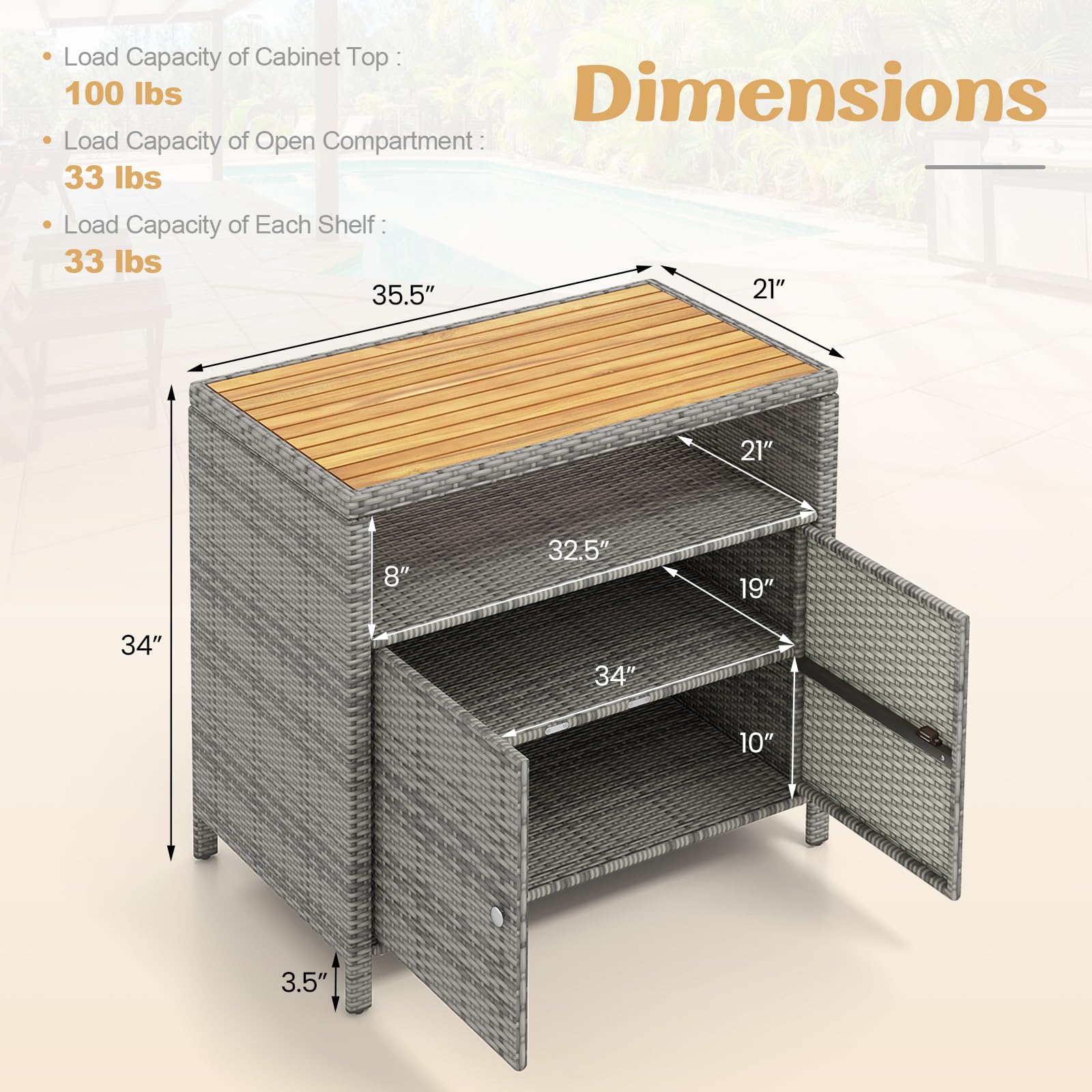 Tangkula Rattan Storage Cabinet with Acacia Wood Countertop - 2-Door Wicker Sideboard for Outdoor Patio, Poolside & Garden - Mix Grey Storage Organizer with Open & Enclosed Compartments