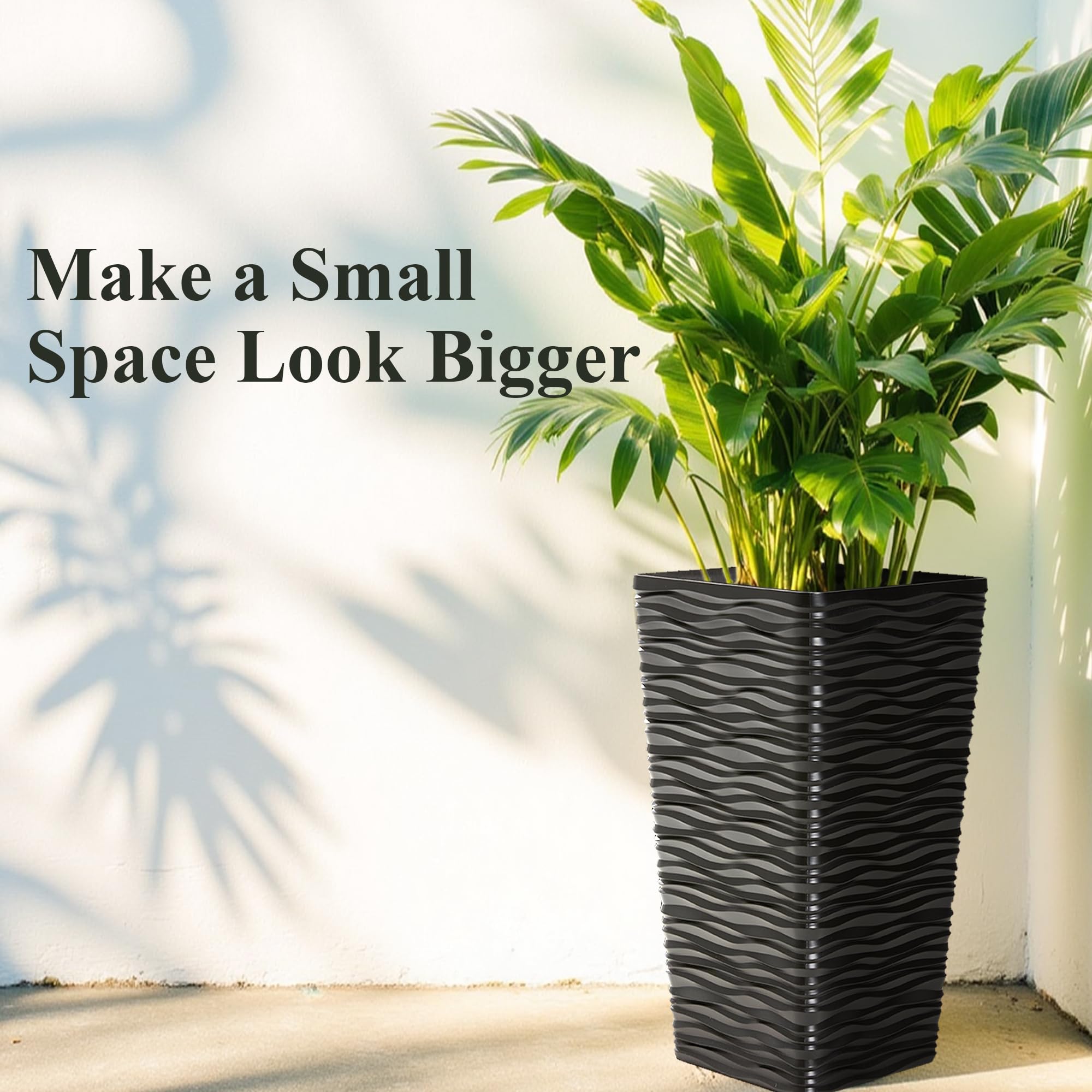 Worth Garden 2-Pack Black Tall Plastic Planter Pots - 22 Inch Square Tapered Indoor Outdoor Flower Pots with Modern Wavy Finish - Perfect for Front Porch, Patio, Deck & Garden Decor