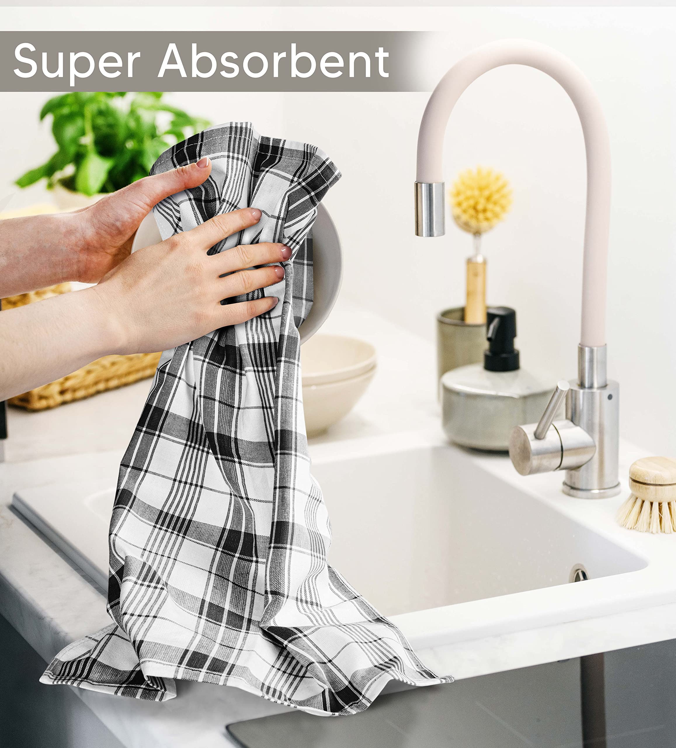 Utopia Towels 12-Pack Black & White Dish Towels - 15x25 Inch 100% Ring Spun Cotton Kitchen Towels | Super Absorbent, Reusable Cleaning & Tea Towels Set for Drying Dishes, Wiping Countertops & Hand Towels