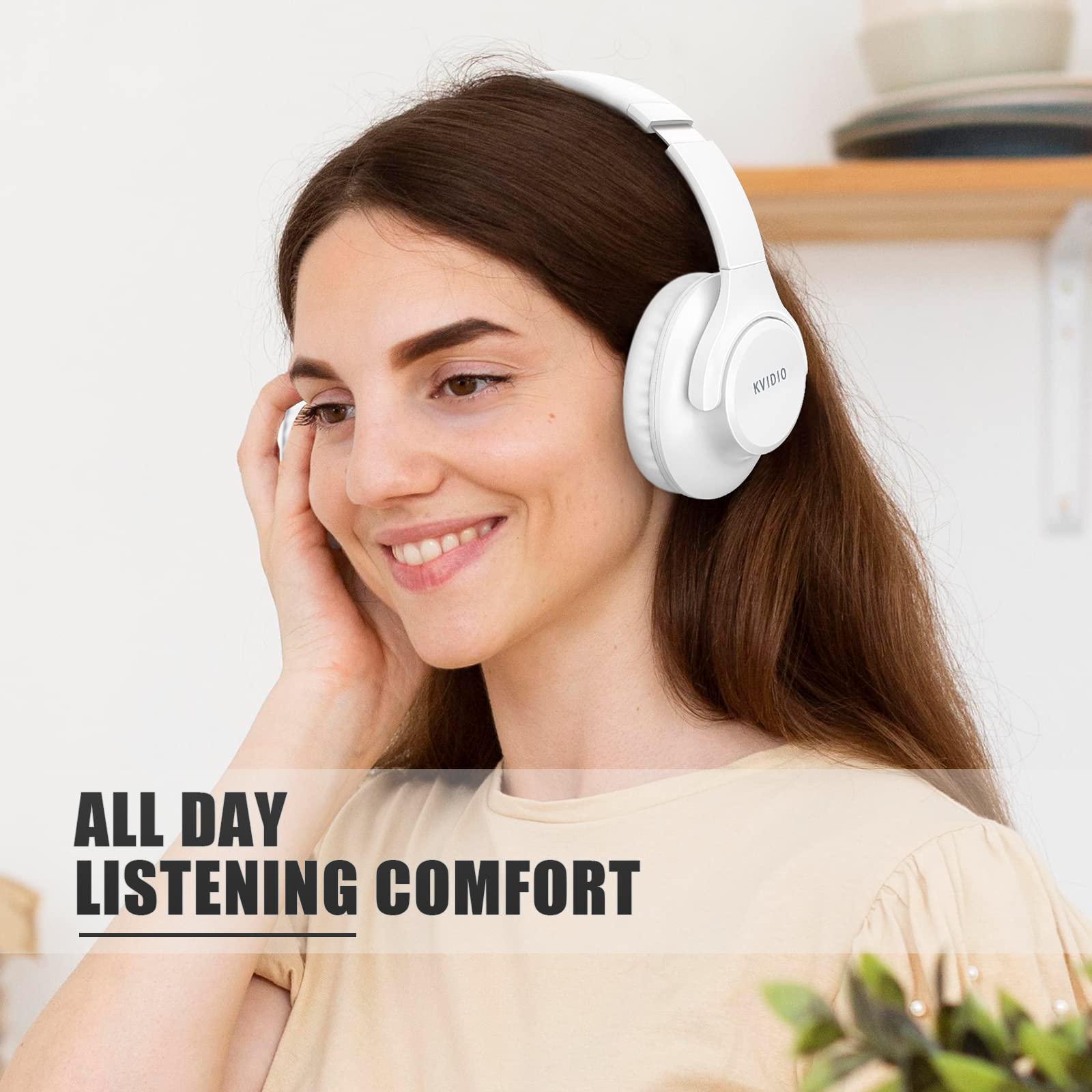 KVIDIO Wireless Bluetooth Over-Ear Headphones with Microphone - 65 Hours Playtime, Foldable Lightweight Design, Deep Bass & HiFi Stereo Sound - Perfect for Travel, Work, Gaming & Phone Calls (White)