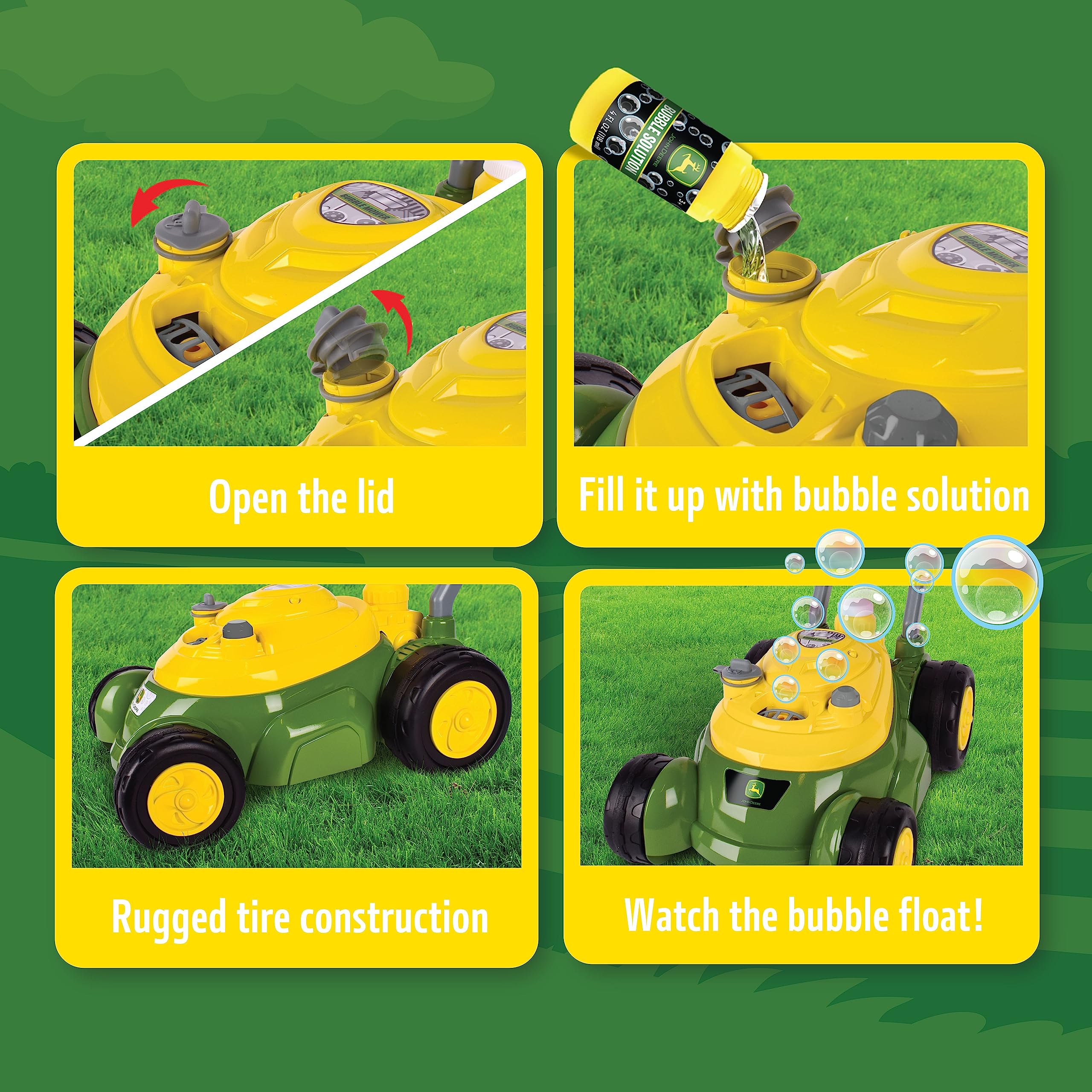 John Deere Bubble Lawn Mower Toy for Toddlers - Fun Bubble Blowing Machine for Kids Ages 2+ | No Batteries Needed | Perfect Outdoor & Indoor Play Toy for Boys & Girls | Great Birthday Gift & Party Favor for Preschoolers | Gardening Pretend Play for Backyard, Park & Playdates