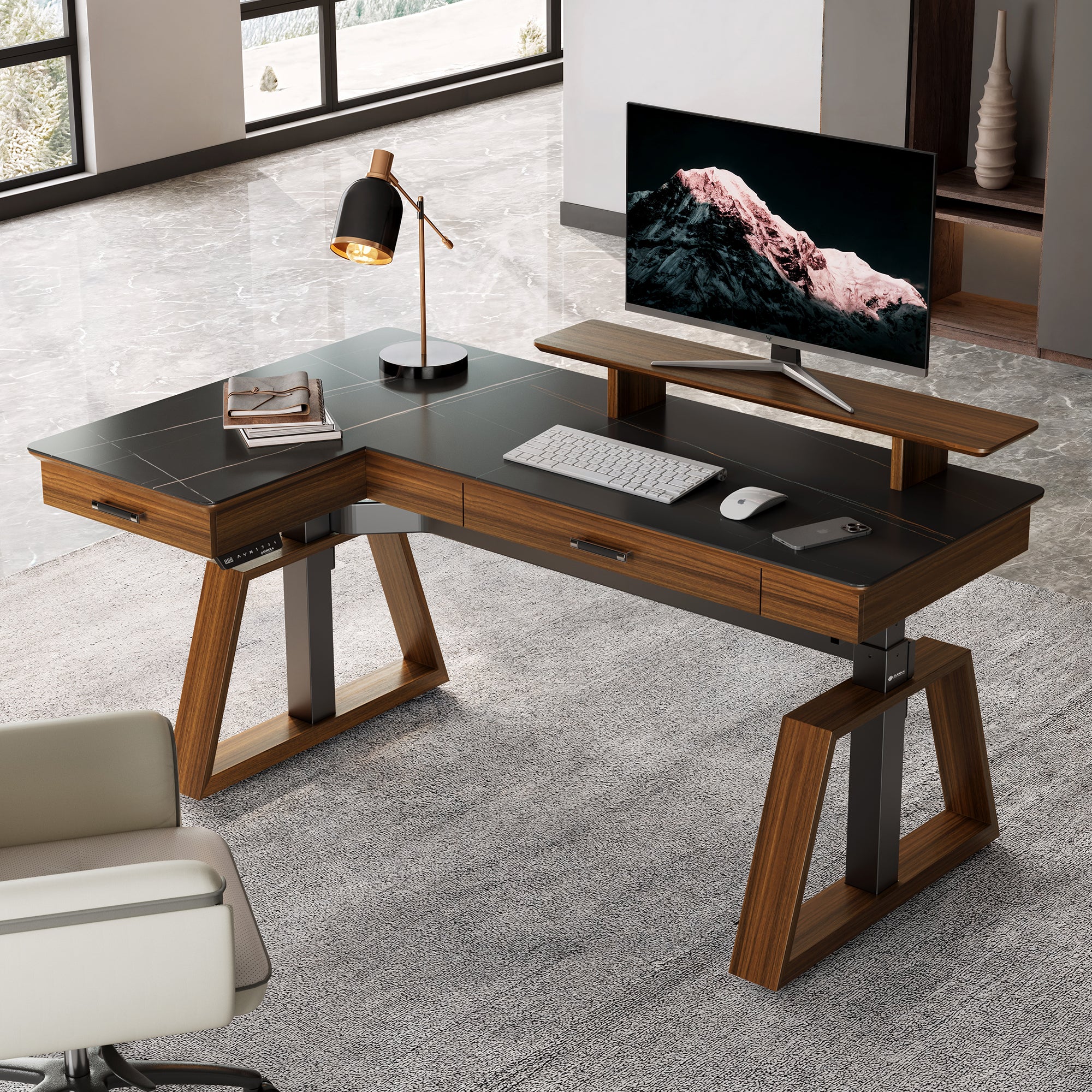 Premium L-Shaped Standing Desk with Sintered Stone Top - Ergonomic Adjustable Height Home Office Desk for Work, Gaming & Study - Perfect for Small Spaces & Corner Setups