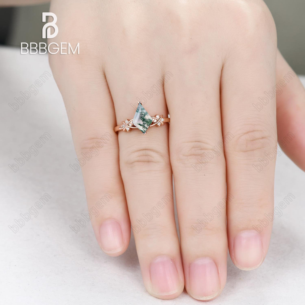 14K Rose Gold Kite Cut Moss Agate Diamond Engagement Ring - Geometric V-Prong Promise Jewelry for Women | Perfect for Proposals, Anniversaries & Special Occasions