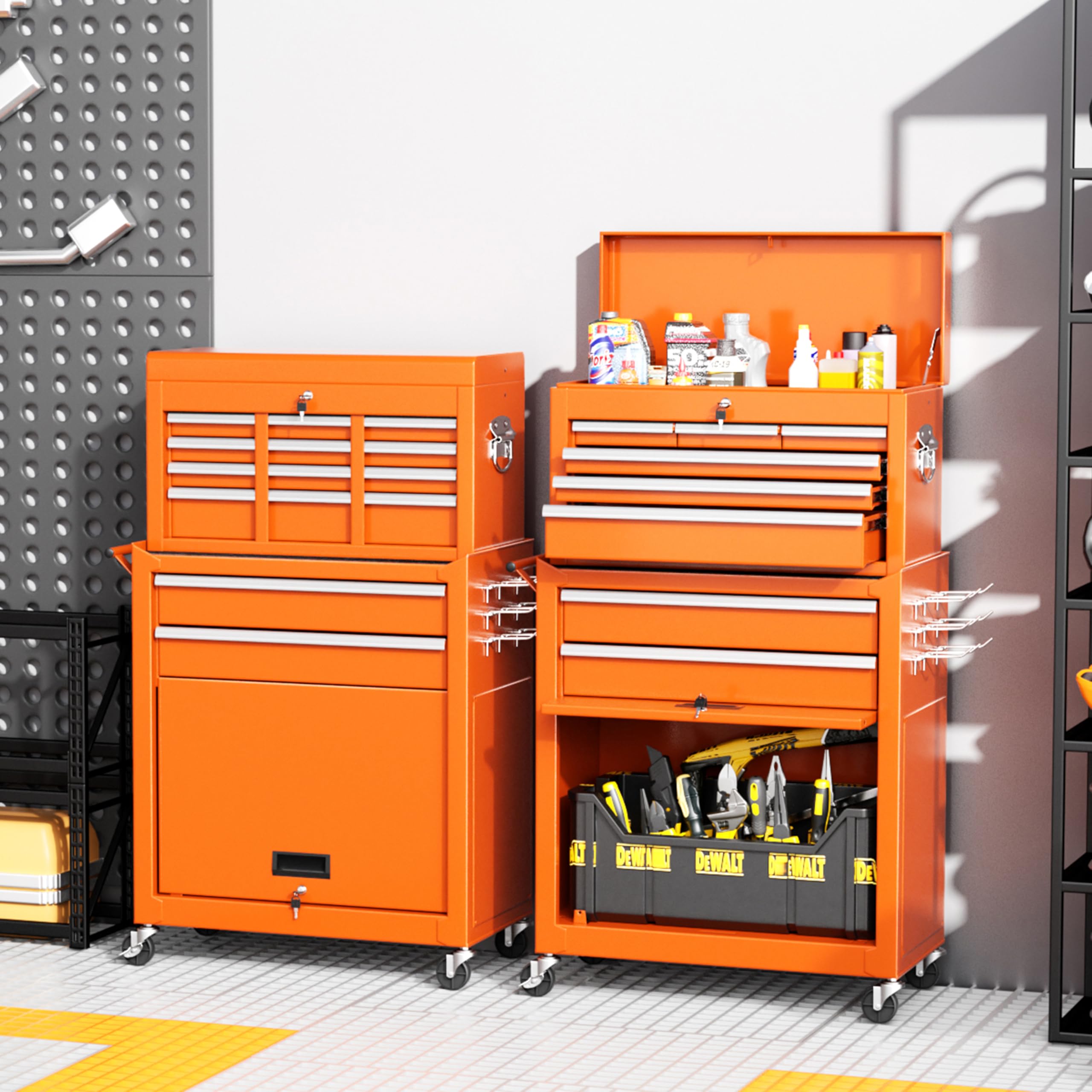 8-Drawer High Capacity Rolling Tool Chest with Wheels & Large Cabinet - 2-in-1 Detachable Steel Tool Storage for Garage, Workshop, Barbershop, Home DIY - Heavy Duty Mobile Tool Organizer (Orange)