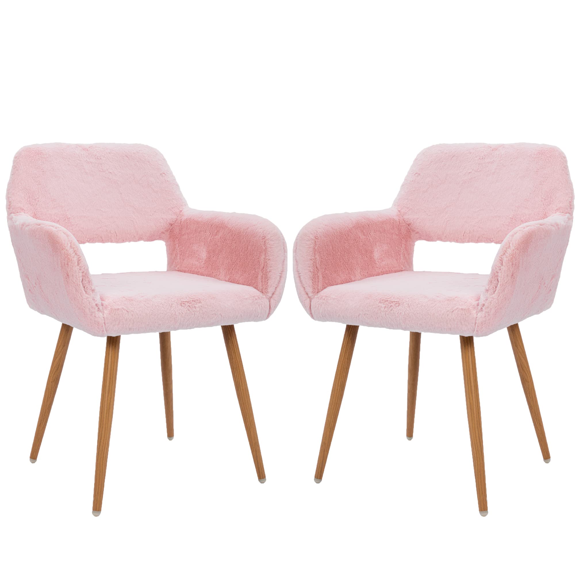 Mid-Century Modern Faux Fur Desk Chair Set of 2 - Pink Accent Armchairs with Wood-Look Metal Legs for Teen Girls, Living Room, Home Office & Vanity Makeup Station - Comfy Non-Rolling Seating for Study, Gaming & Relaxation