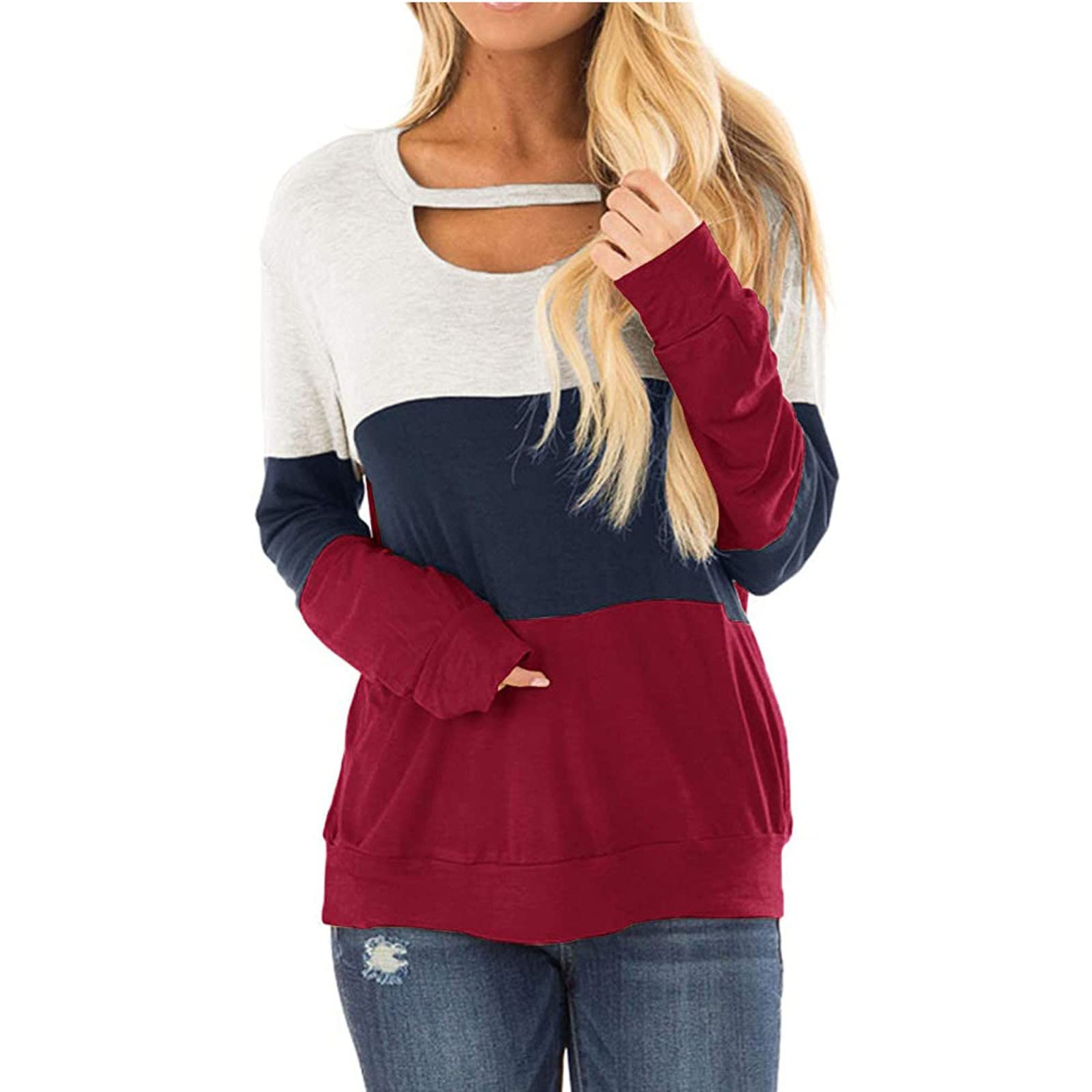 Women's Casual Long Sleeve Patchwork Color Block T-Shirt - Loose Fit Tunic Blouse in Red | Perfect for Everyday Wear, Office Outfits & Weekend Comfort