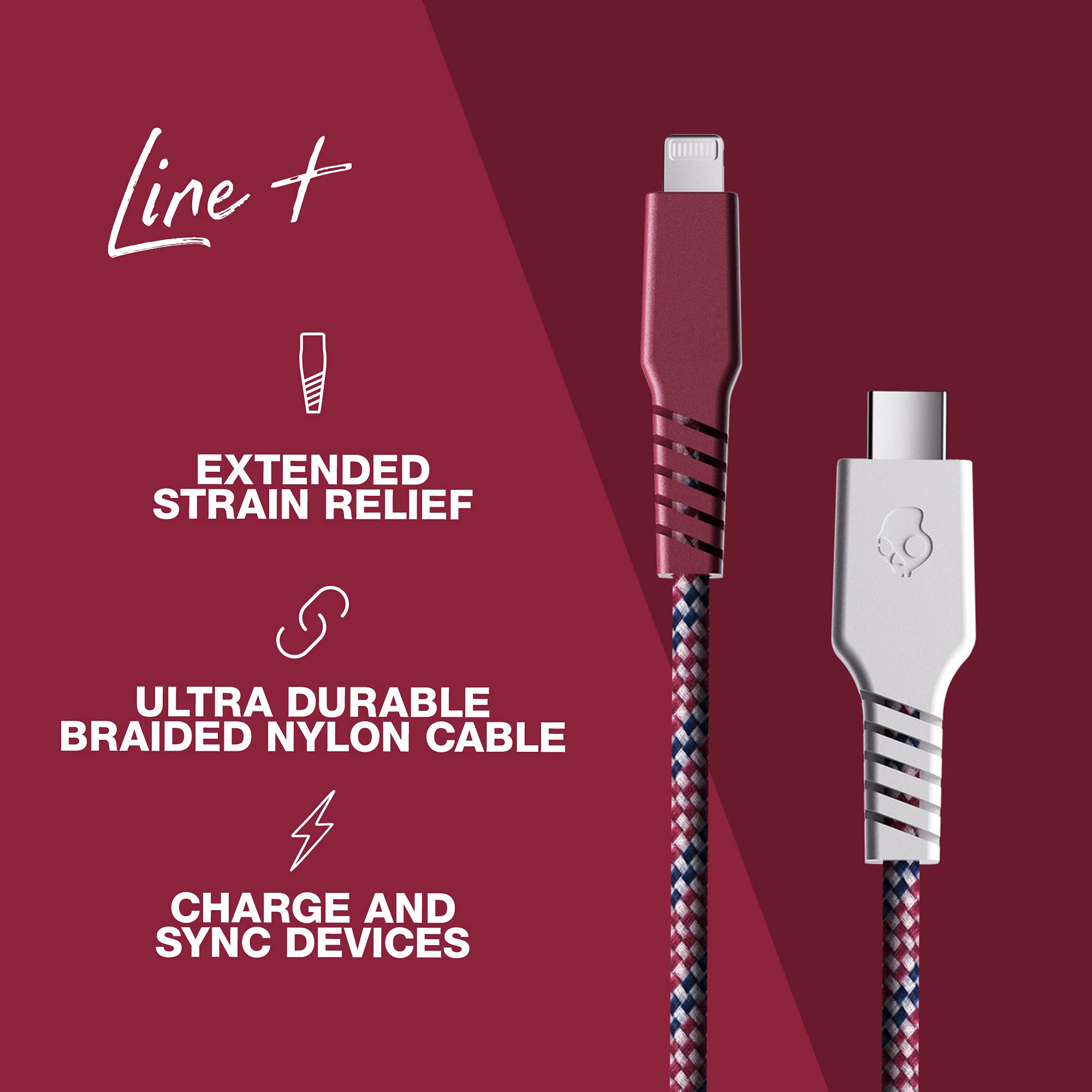 Skullcandy 6-Foot Braided USB-C to Lightning Cable - Durable Fast Charging Cord for iPhone (Vice/Crimson) | Perfect for Home, Office & Travel Charging