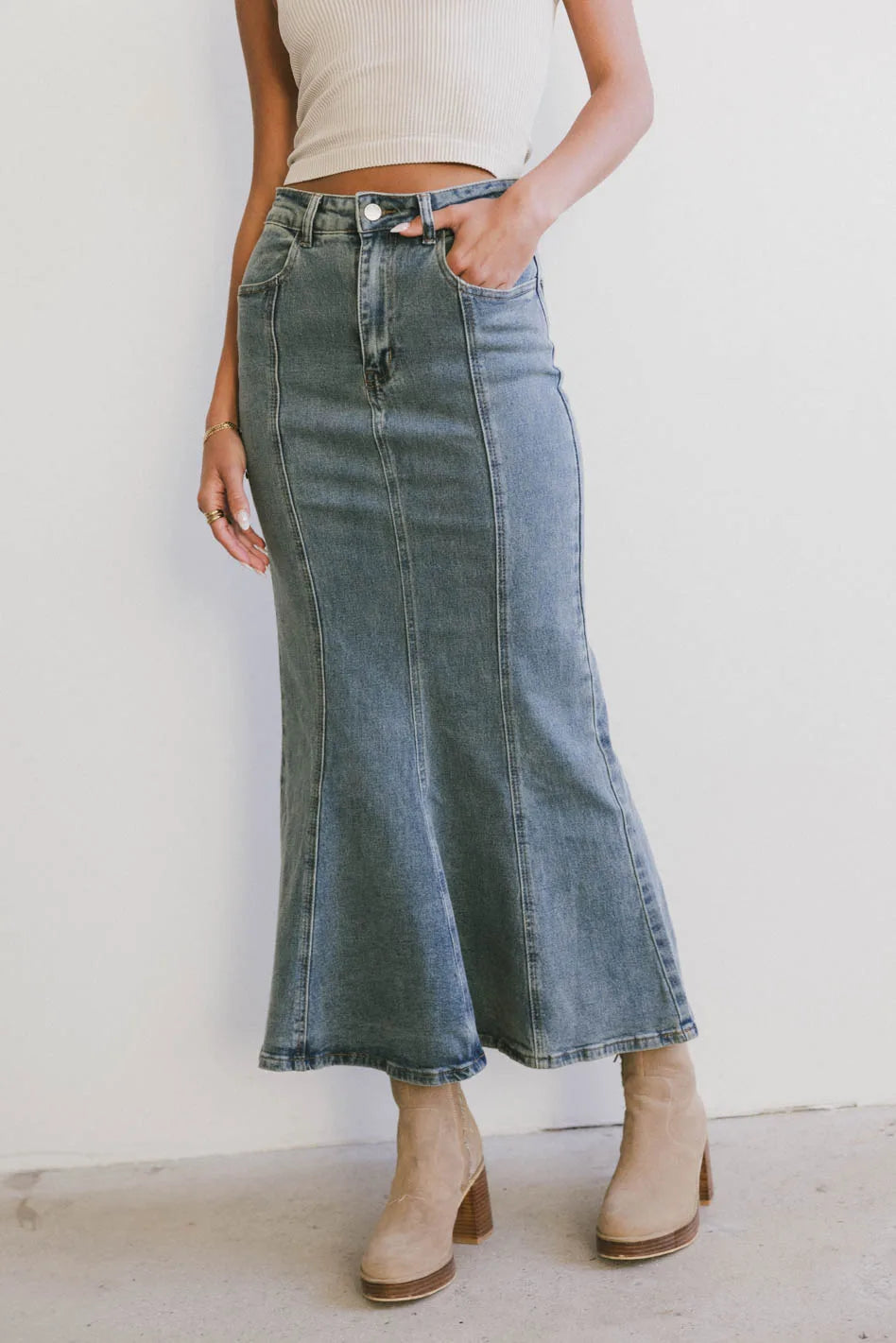Azzy Denim Mermaid Skirt for Women - High Waisted Stretchy Bodycon Maxi Skirt - Vintage Blue Denim Fashion (Final Sale) | Perfect for Parties, Date Nights & Summer Outfits