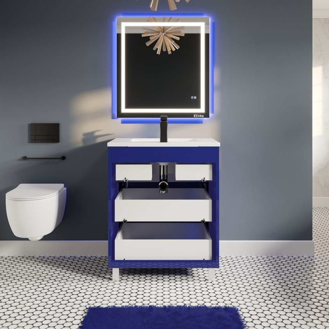 32 Inch Blue Bathroom Vanity with Porcelain Top & Integrated Sink - Modern Single Sink Cabinet for Small Bathrooms, Powder Rooms & Guest Baths