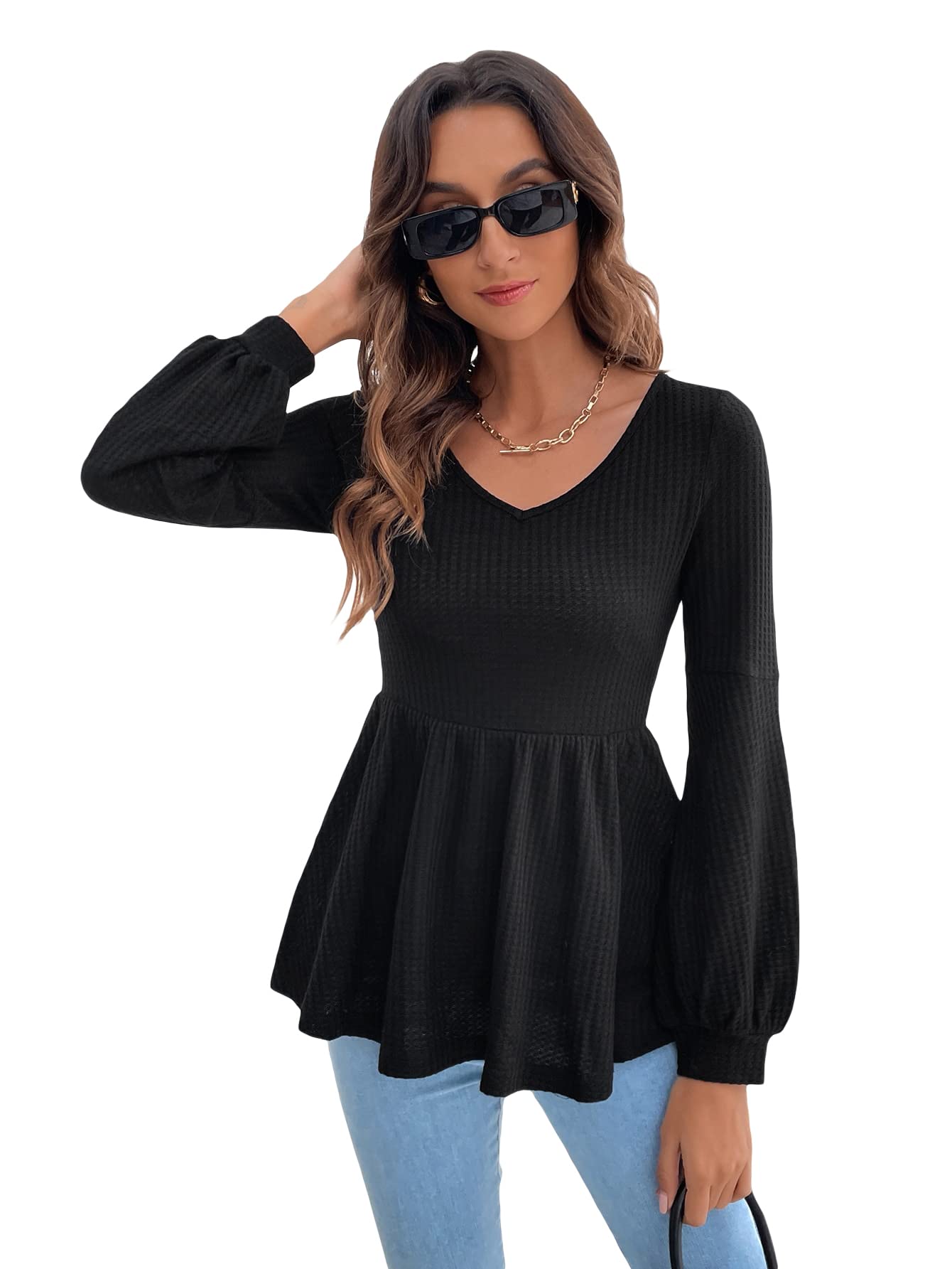WDIRARA Women's V-Neck Long Sleeve Ruffle Peplum Top - Soft Waffle Knit Blouse for Casual Wear, Office Outfits & Date Nights