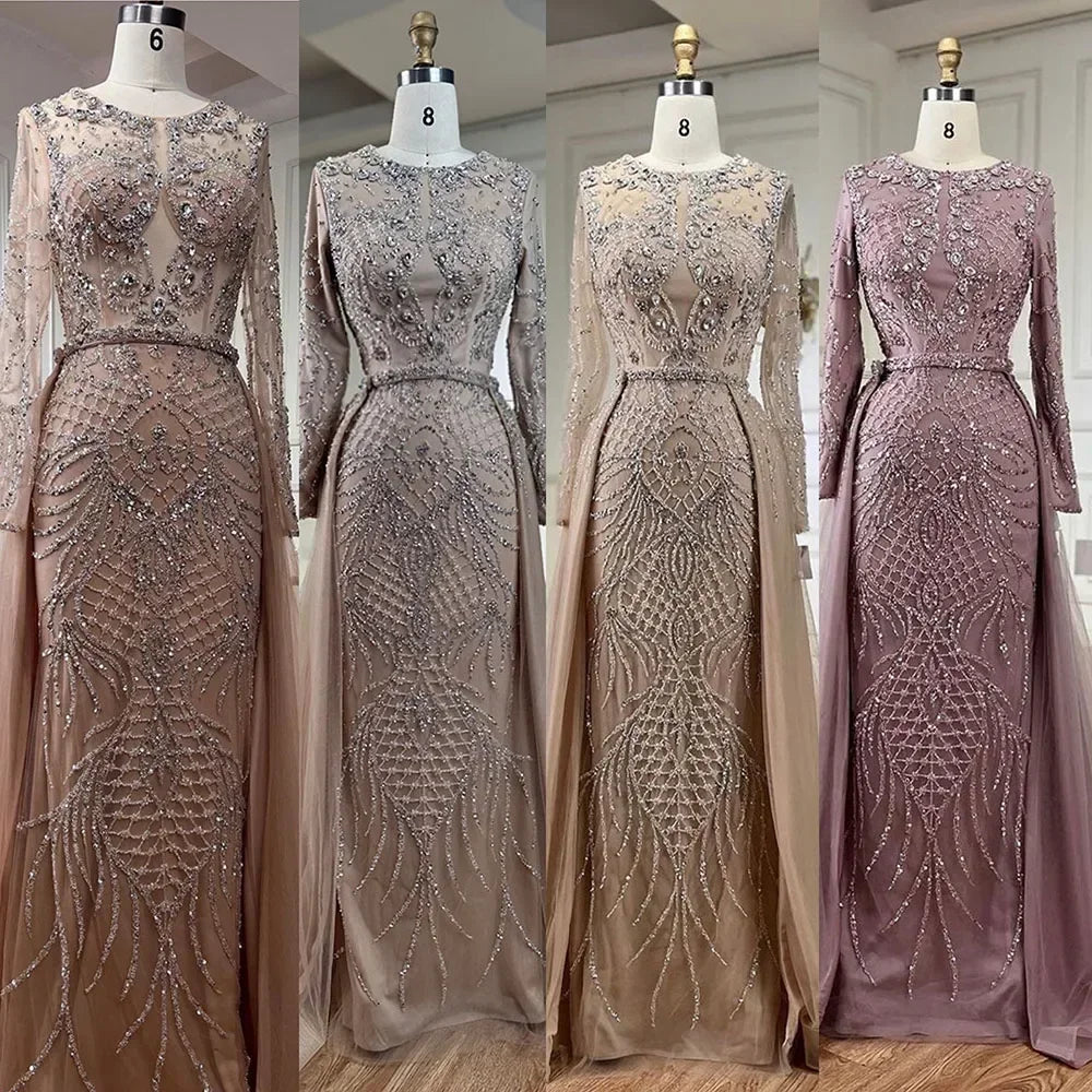 Elegant Muslim Silver Mermaid Evening Gown with Detachable Beaded Overskirt - Women's Formal Wedding & Party Dress LA71919 | Perfect for Bridal Showers, Red Carpet Events & Special Occasions