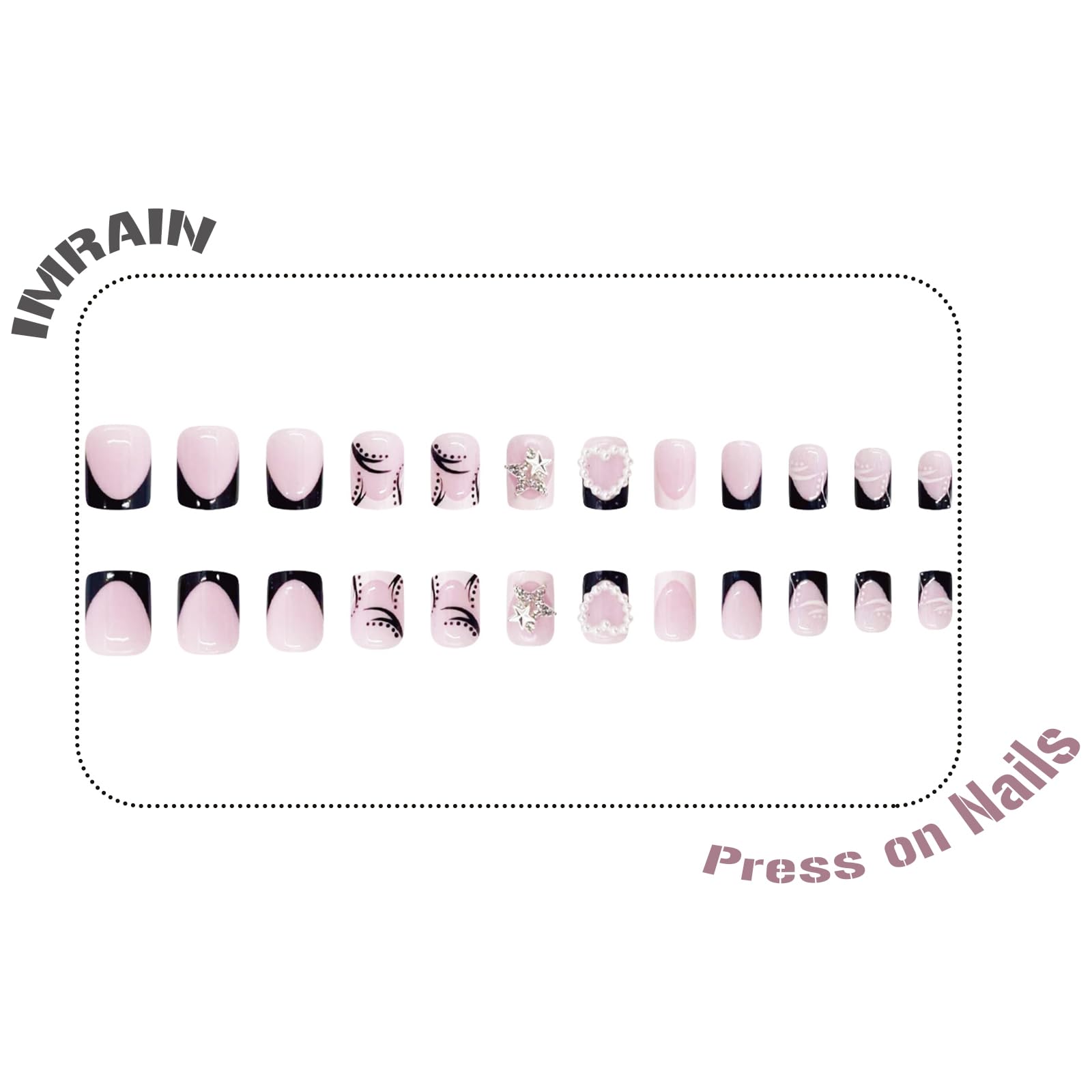 24Pcs Short Press on Nails Kit - Square Black & White French Tips with Heart Charms & Pearl Designs | Glossy Full Cover Gel Artificial Nails | Easy Glue On False Nails for Women & Girls | Perfect for Parties, Weddings & Daily Wear
