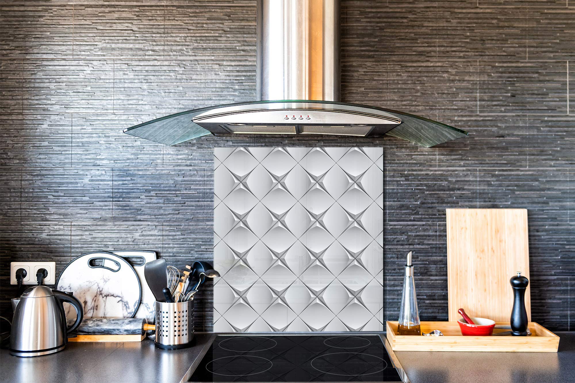Tempered Glass Backsplash - White & Grey Geometric Abstract Art Design Printed Splashback BS 12 | Durable Kitchen Wall Protection for Modern Homes