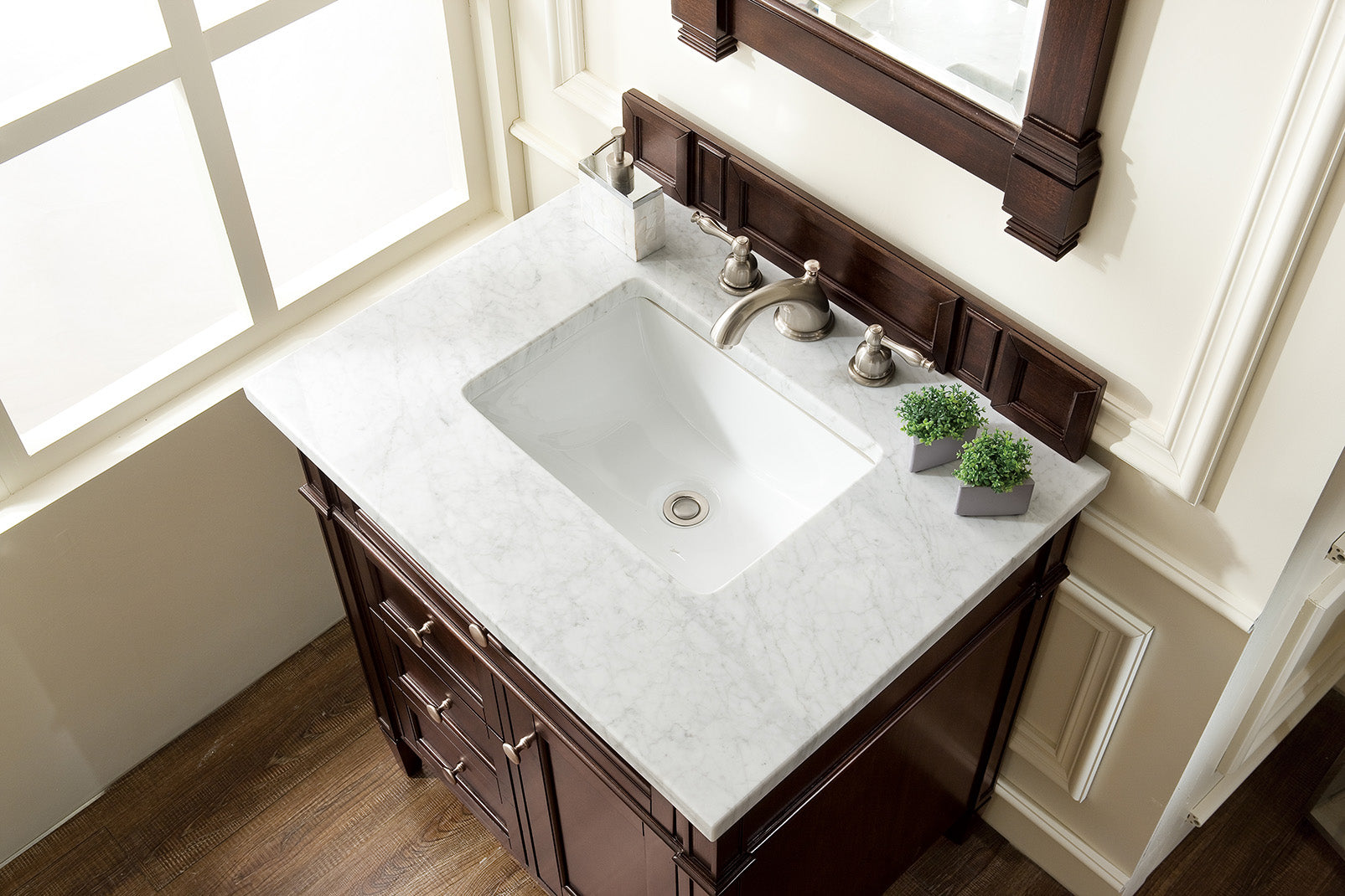 Brittany 30-Inch Single Bathroom Vanity with Burnished Mahogany Finish & 3CM Carrara Marble Top - Perfect for Modern Master Bathrooms and Powder Rooms