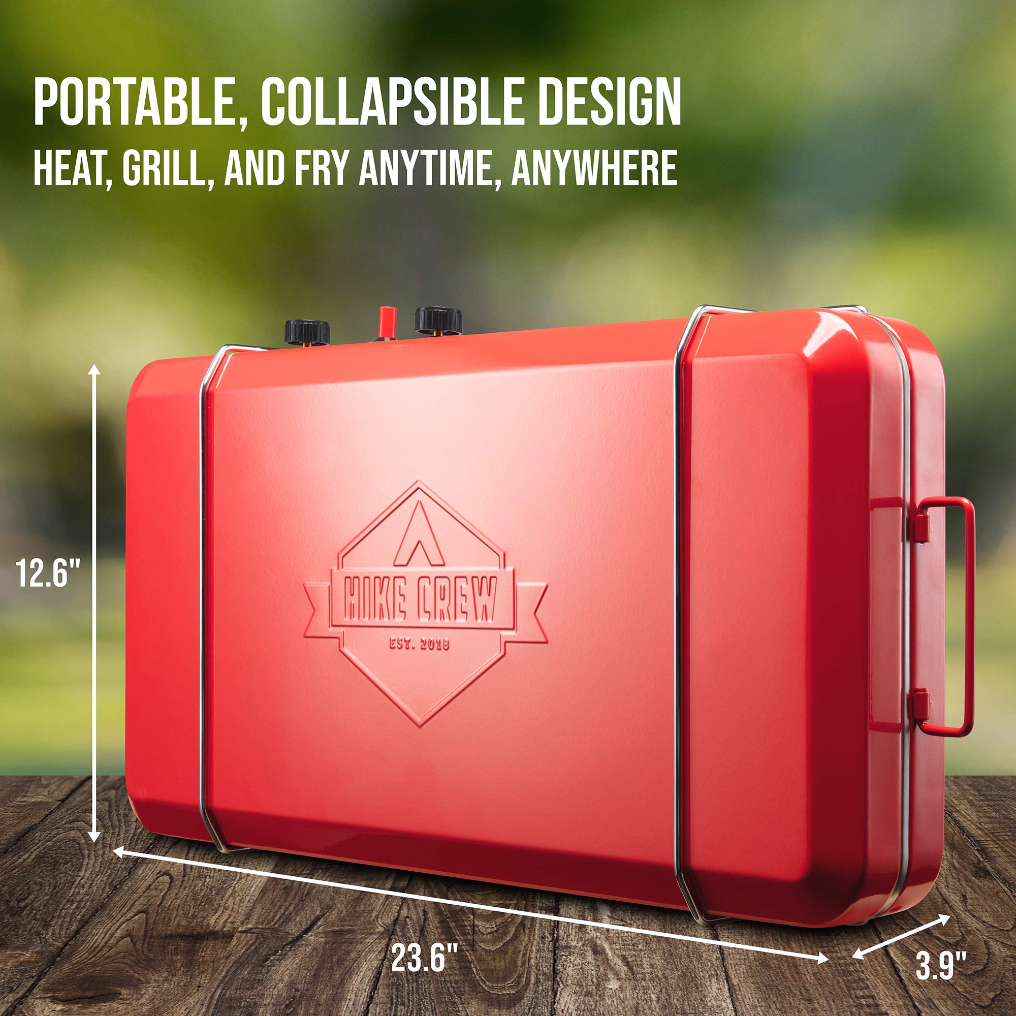 Hike Crew 2-in-1 Portable Gas Camping Stove and Griddle with Propane Burner | Built-in Igniter, Stainless Steel Drip Tray & Wind Panels | Foldable Legs & Carrying Handle | Perfect for Outdoor Cooking, Camping, Hiking & Picnics