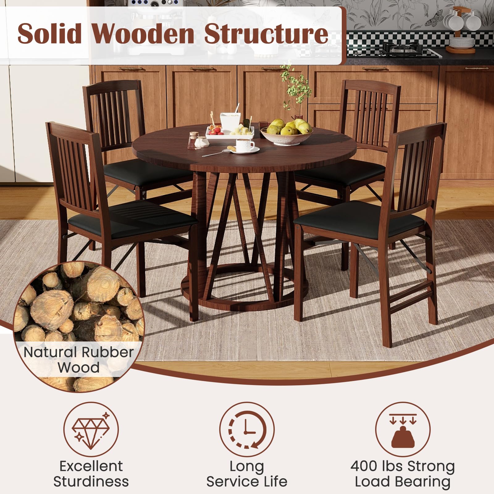 Giantex Solid Wood Folding Dining Chairs Set of 2 - 400 Lbs Capacity Foldable Kitchen Chairs with Padded Seat, No Assembly Armless Side Chairs for Small Space - Perfect for Apartments, Dining Rooms & Kitchenettes (Brown & Black)