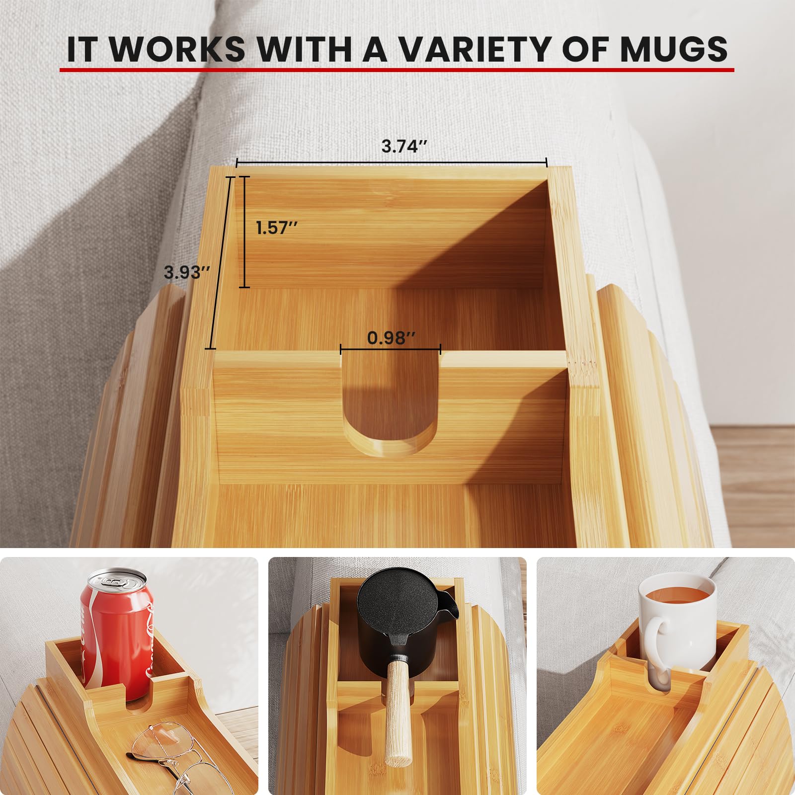 Foldable Natural Bamboo Couch Cup Holder - Anti-Slip Sofa Drink Holder & Arm Tray for Eating, Drinking, Snacks, Remote Control | Perfect for Movie Nights, Gaming, and Relaxing on the Couch