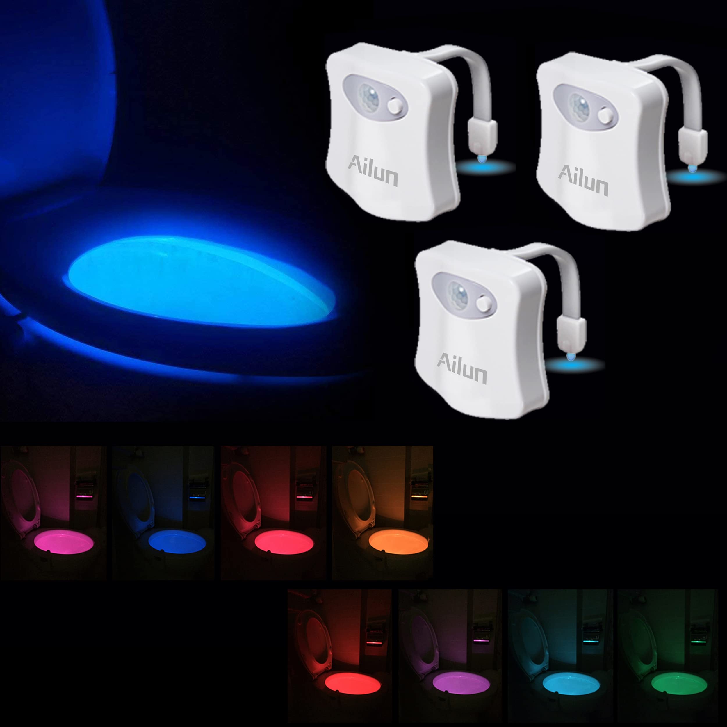 Ailun 3-Pack Motion Activated LED Toilet Night Light - 8 Color Changing Bathroom Nightlight for Toilet Bowl, Battery Not Included - Perfect for Bathroom, Bedroom, Hallway & Kids Room Safety Lighting
