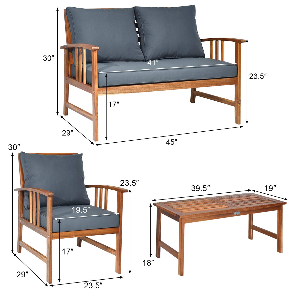Tangkula 4-Piece Acacia Wood Outdoor Patio Furniture Set with Gray Cushions & Back Pillows - Durable Garden Conversation Set with Coffee Table for Backyard, Poolside, Deck & Patio Relaxation