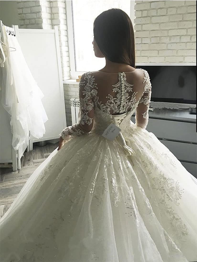 XYAYE Elegant Long Sleeve Lace Wedding Dress for Bride - Modest Bridal Gown with Train, Applique Detailing - Perfect for Church, Beach, and Formal Weddings