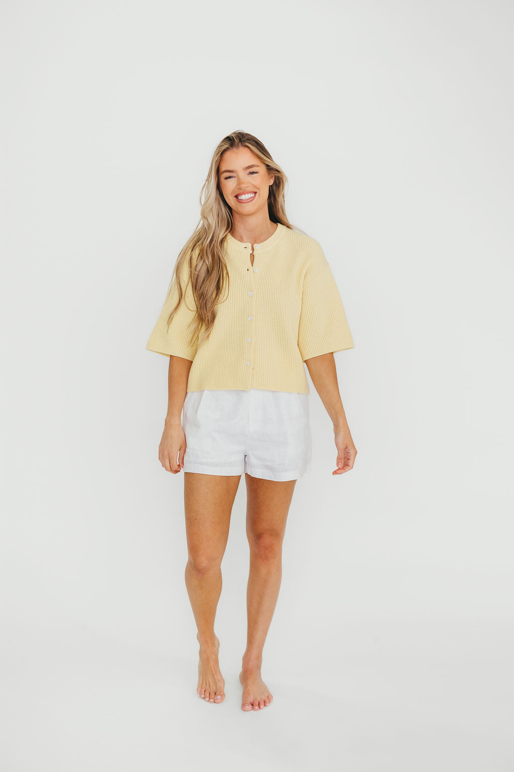 Karen Short Sleeve Cardigan in Yellow | Women's Lightweight Summer Knit Sweater | Perfect for Office, Casual Outings & Travel